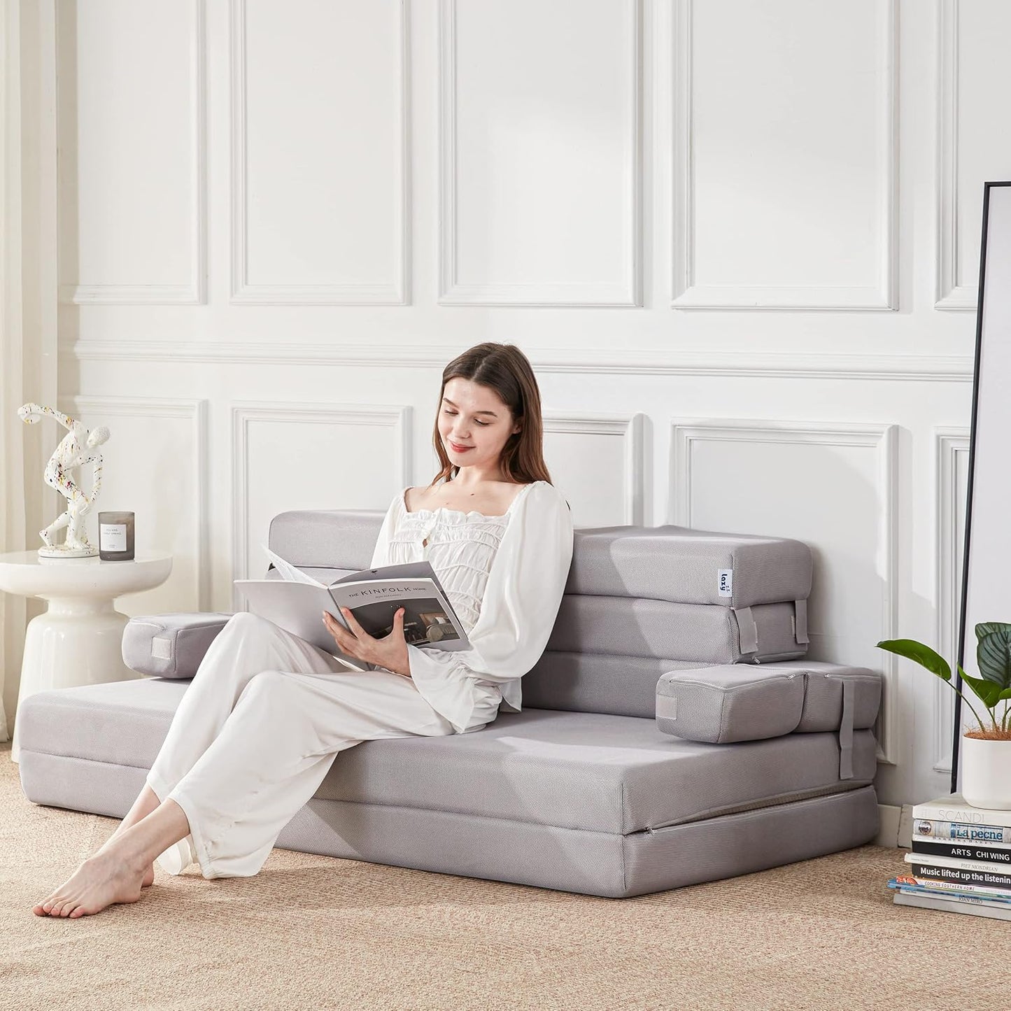 Sleep 4 Inch Foldable Mattress, Portable Floor Mattress Couch with Headrest, Washable Cover, Foldable Foam Couch Queen for Guest Bed, Folding Sofa Bed, Camping, Road Trip, Dark Grey