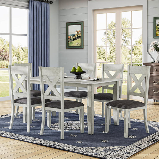 VECELO Peatuk 6-Piece Solid Wood Dining Table Set for 6, Modern Breakfast Dinette Kitchen Table with Chairs for Dining Room, Kitchen, Grey