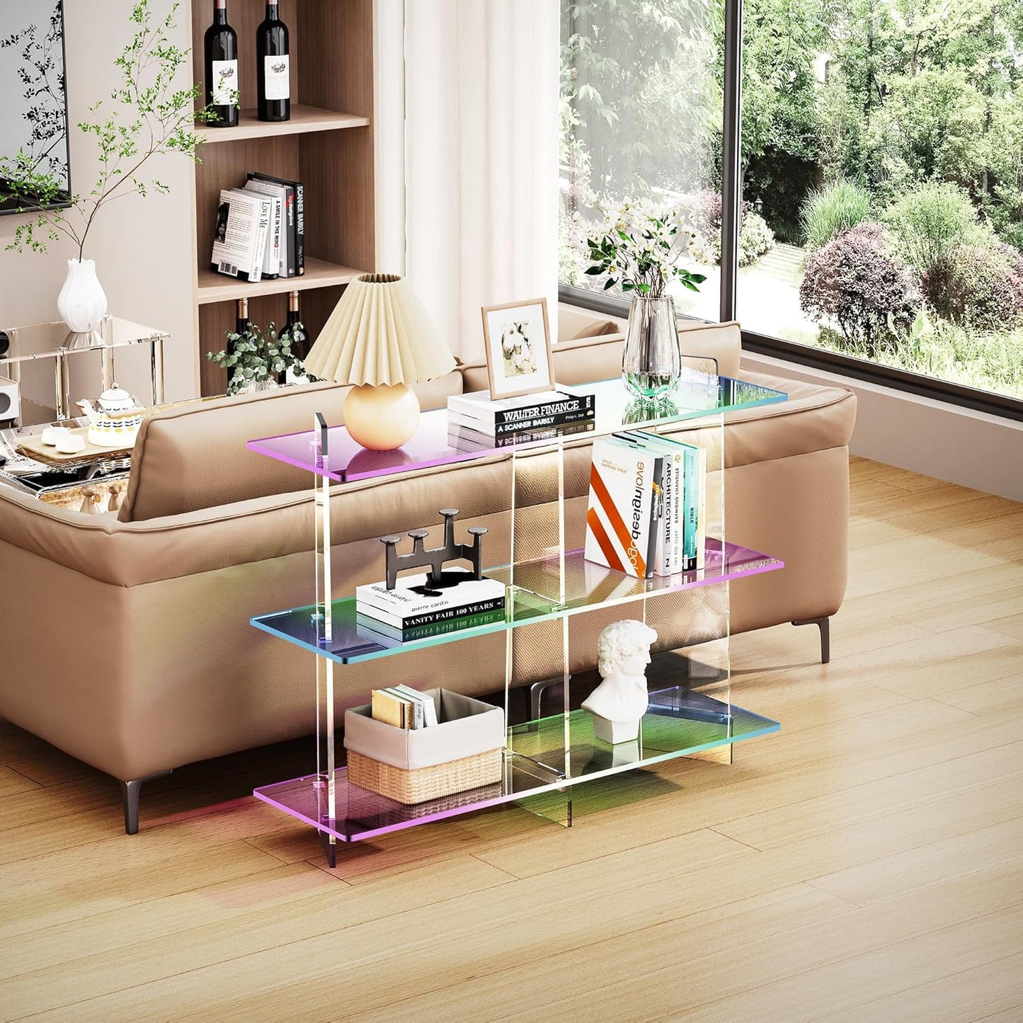 Acrylic Bookshelf, Small 3 Tier Open Bookcase for Small Spaces,Sofa Table, Hallway Entry Table for Home Living Room (Iridescent, 39.4" x 11.8" x 31.5)
