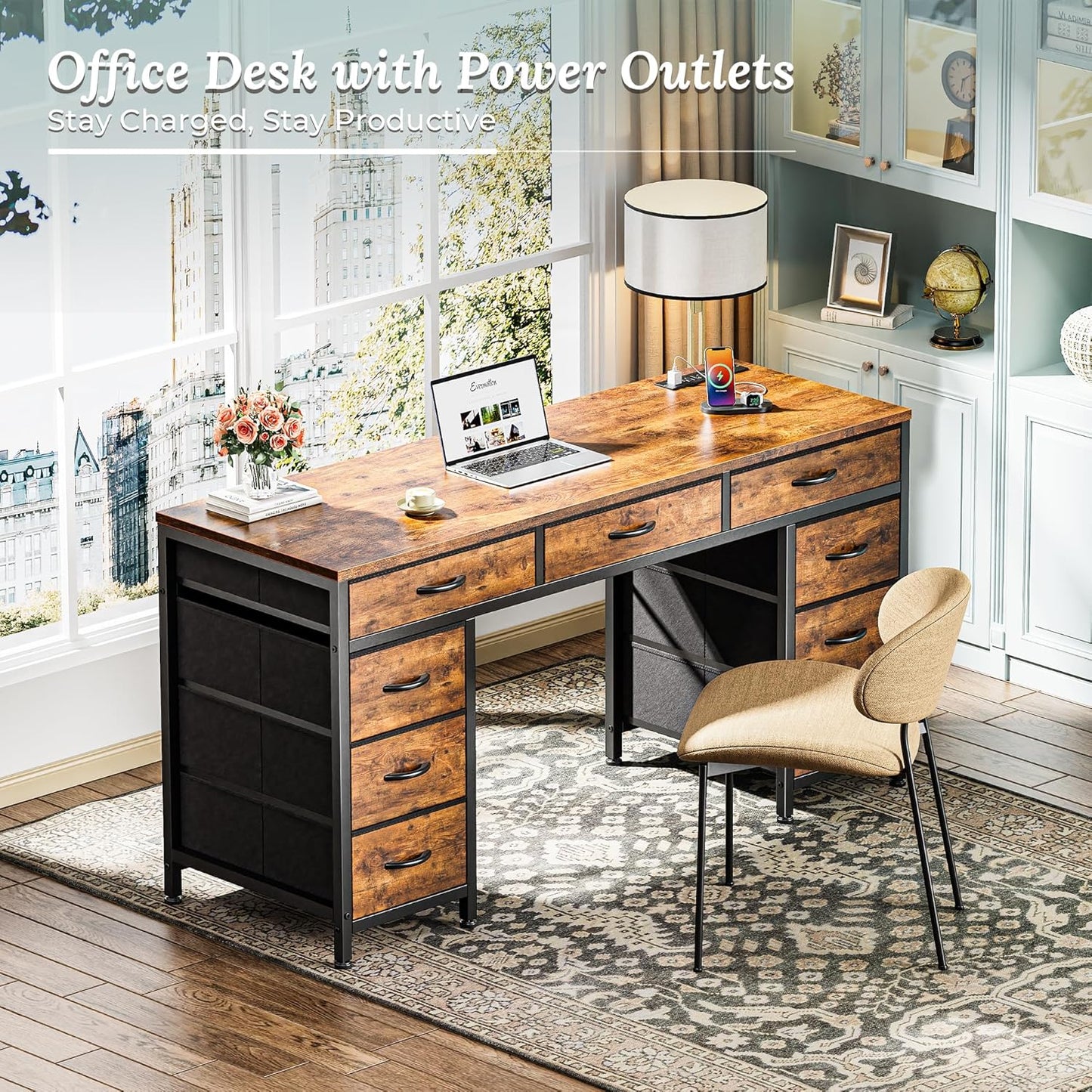 PRAISUN 54 Inch Office Desk with Outlets, Computer Desk with 9 Fabric Drawers, Writing Gaming Work Study Desk for Bedroom, Living Room, Home Office, Large Storage, Rustic Brown