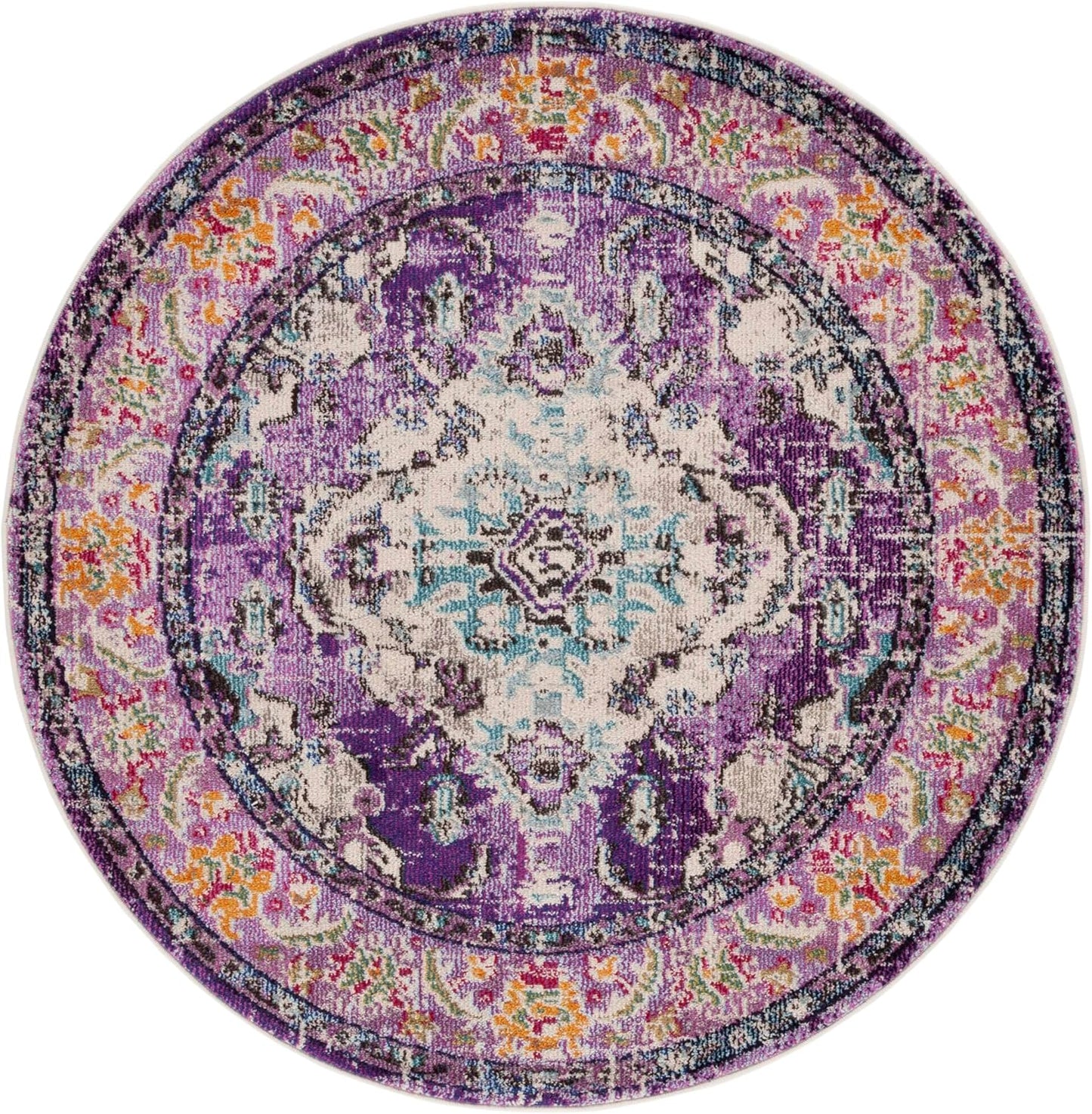 SAFAVIEH Monaco Collection Area Rug - 5' Round, Violet & Light Blue, Boho Chic Medallion Distressed Design, Non-Shedding & Easy Care, Ideal for High Traffic Areas in Living Room, Bedroom (MNC243L)