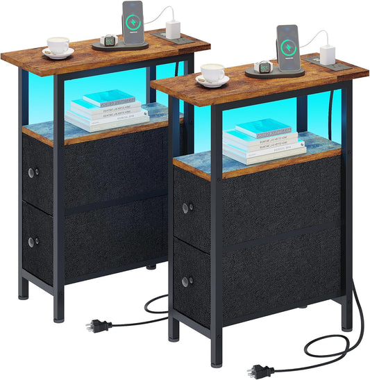 End Table Set 2 with Charging Station, Narrow Side Table with 2 Fabric Drawers, Skinny Nightstand with LED Light, Slim Bedside Table for Bedroom, Living Room, Small Spaces, Brown and Black