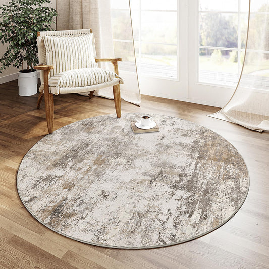 3x3 Washable Round Rug Brown Grey Neutral Abstract Entryway Non Slip Low Pile Area Rug Living Room Bedroom Indoor Doormat Small Soft Carpet for Entrance Bathroom Kitchen