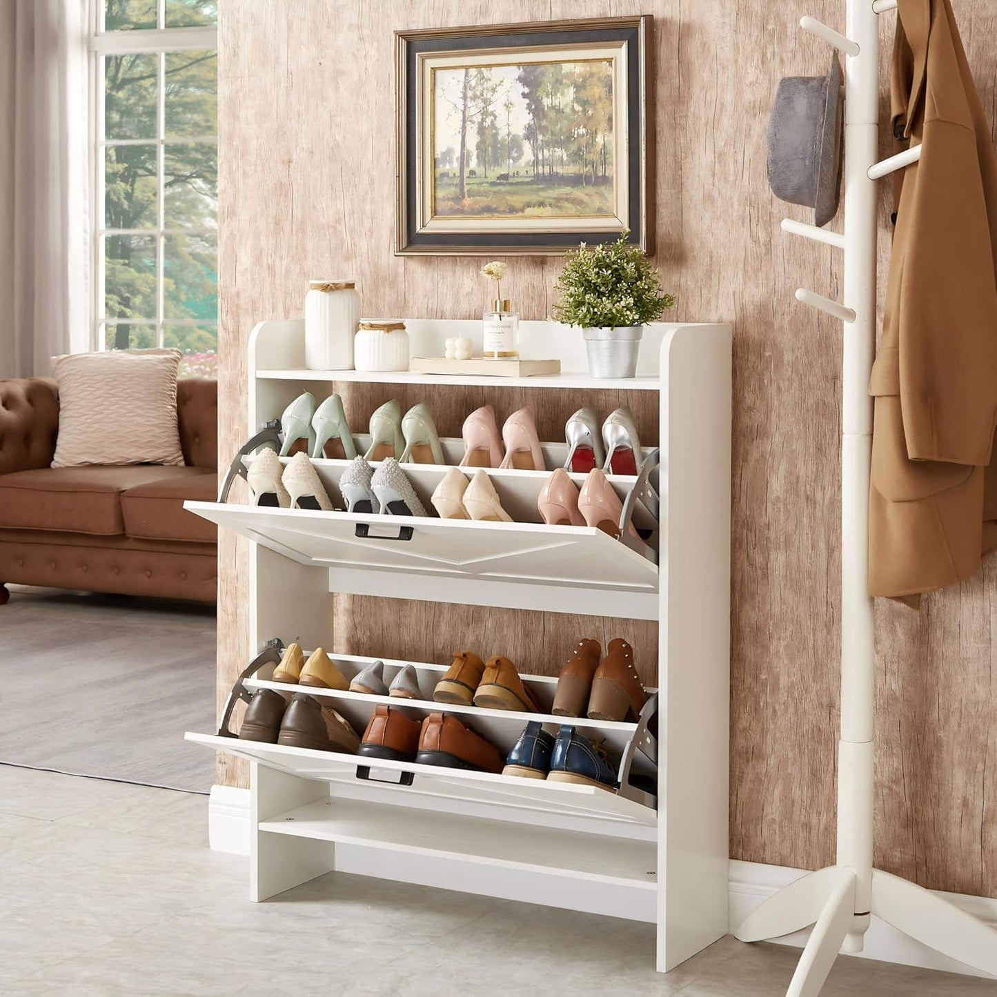 Shoe Storage Cabinet with 2 Flip Drawers, Freestanding Shoe Cabinet Organizer with Metal Flip Frame for Entryway, Hallway, Foyer, White