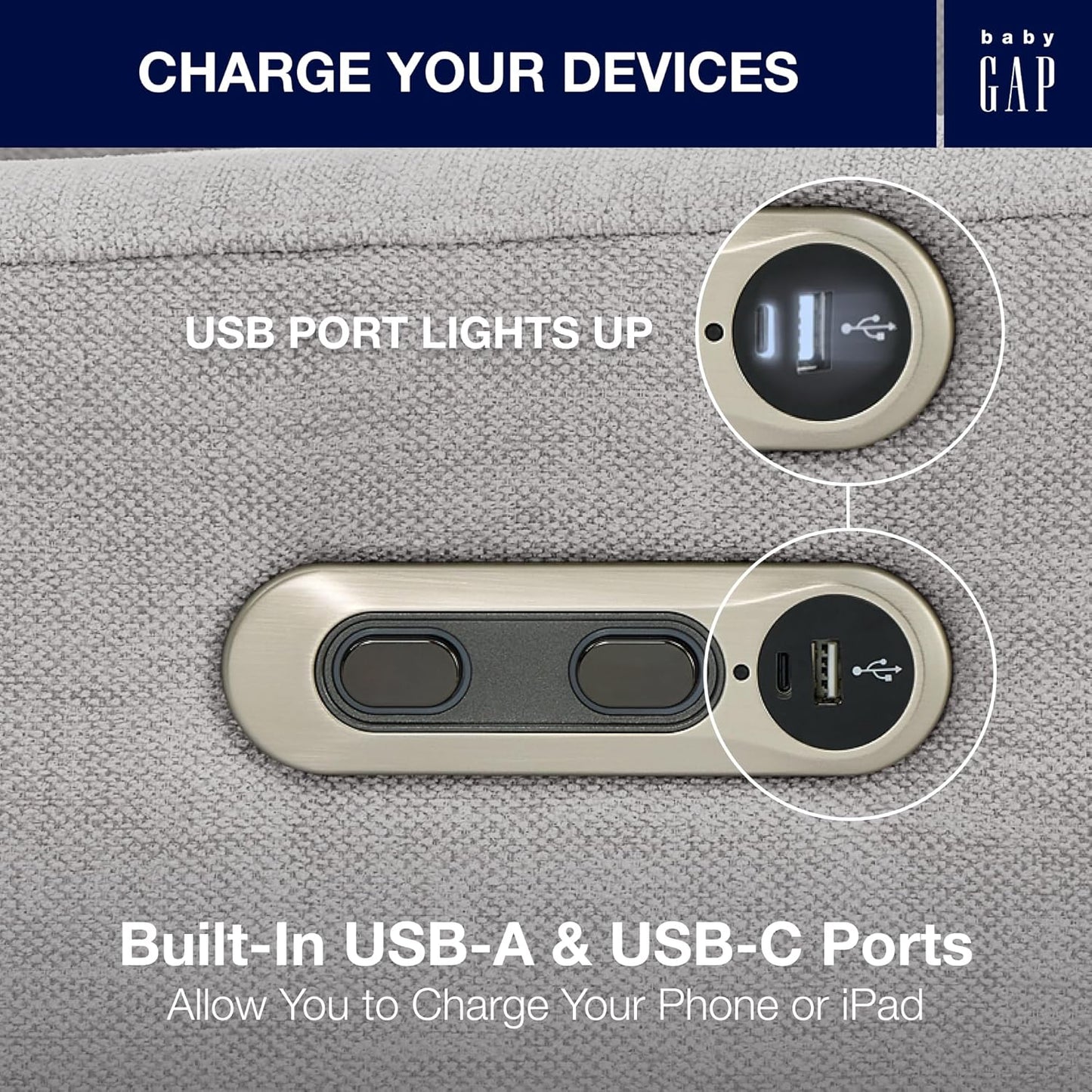 Delta Children babyGap Harlowe Power Recliner with USB-A & Charging Port Greenguard Gold Certified – Stain-Resistant Performance Fabric is Oeko-TEX Standard 100 Certified, Ash