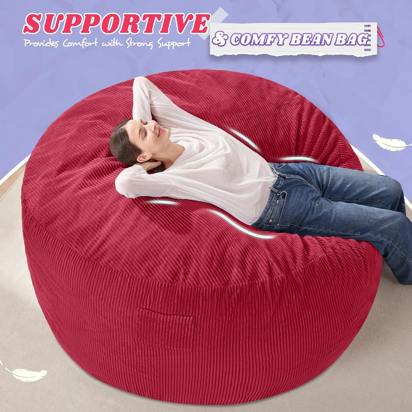 HABUTWAY 5FT Bean Bag Chair,Giant Bean Bag Chairs for Adults,Big Bean Bags with Memory Foam Filled, Large Beanbag Chairs with Soft Corduroy Cover-RED