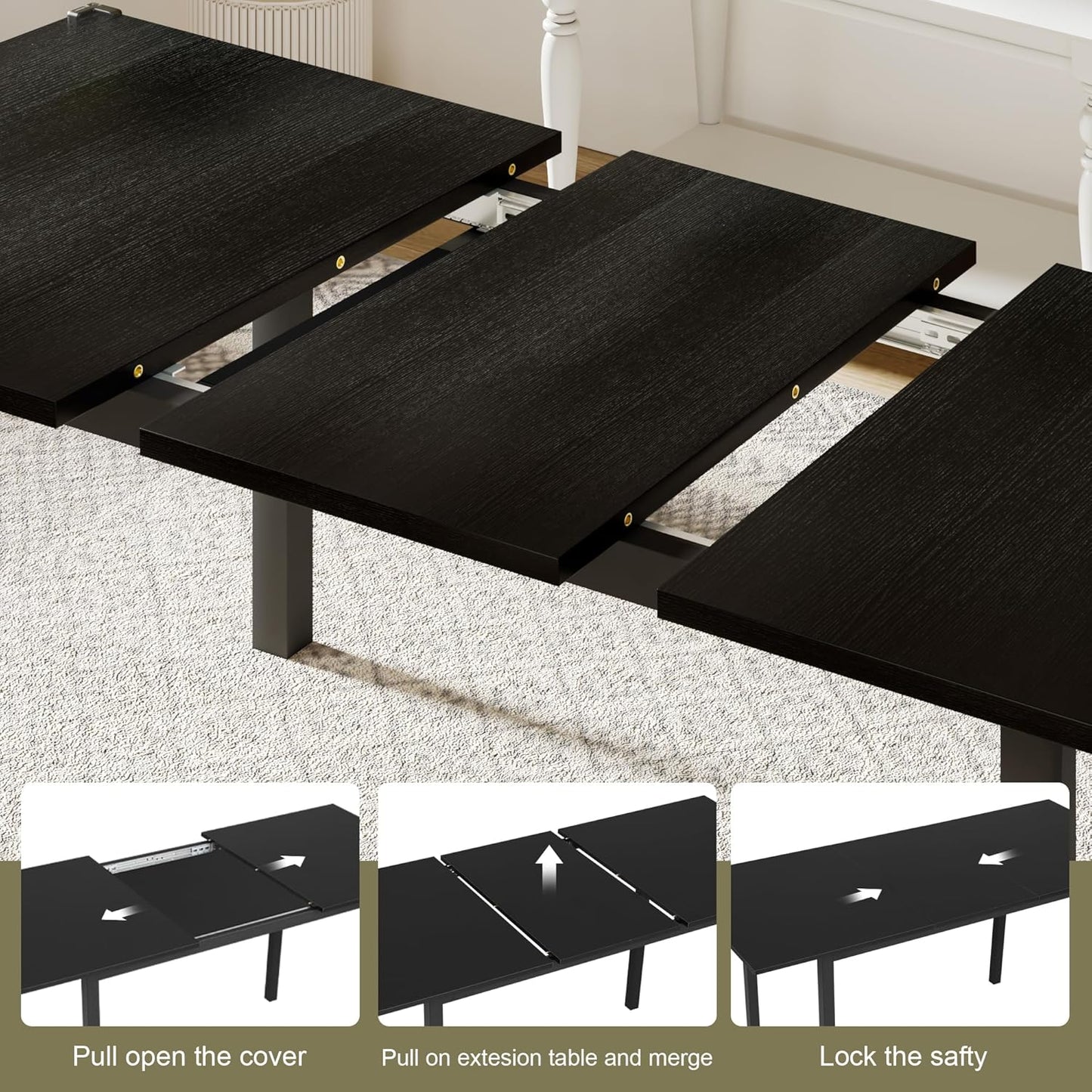 Feonase 63 Inch Extendable Kitchen Table, Modern Farmhouse Dining Table for 4-8, Wooden Dining Room Table for Small Space, Dining Room, Home Office, Living Room Furniture,Black