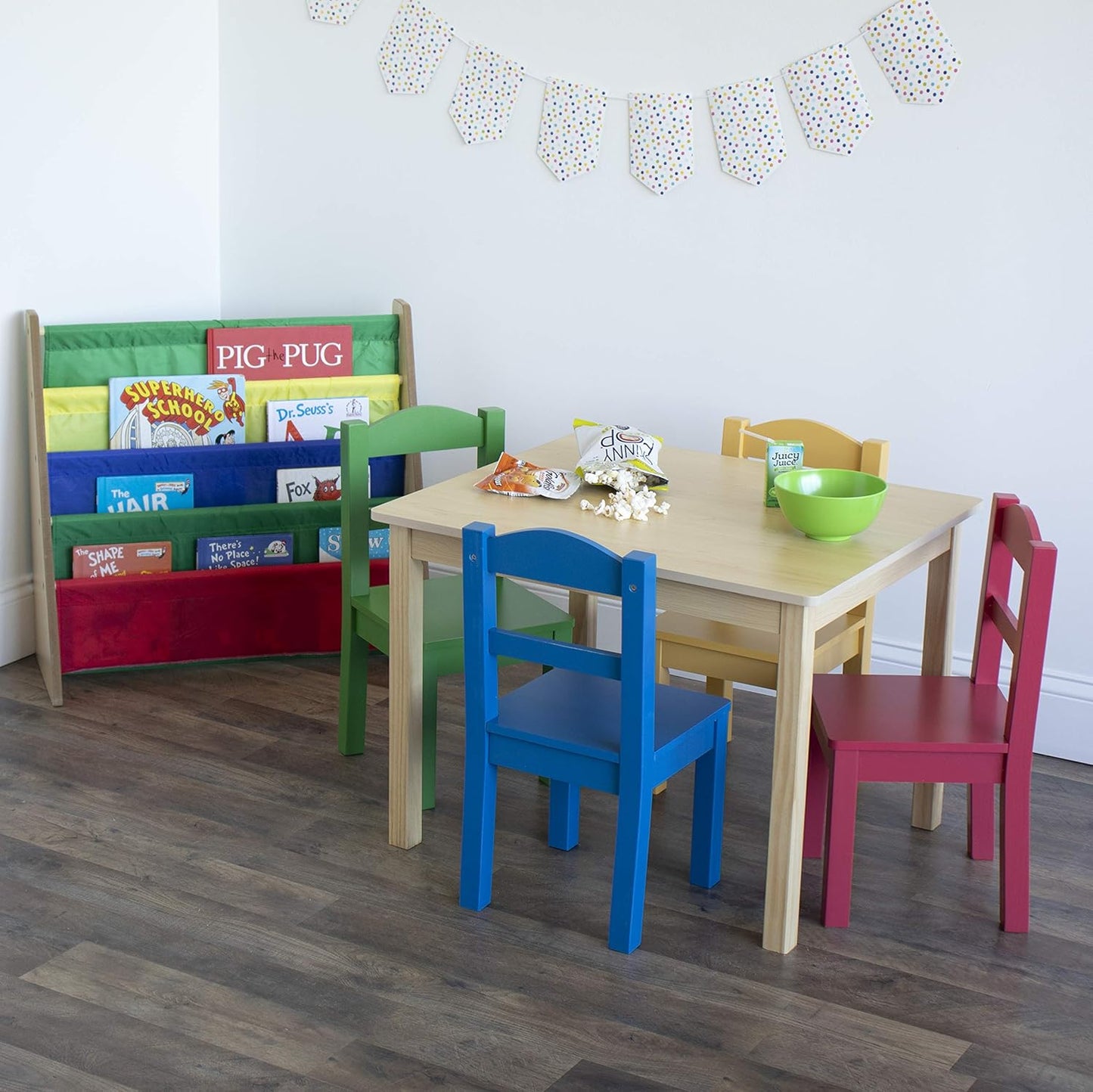 Humble Crew Kids Wooden Table and 4 Chairs Set, Natural/Primary - Kids Table and Chair Set for Toddlers and Children for Arts, Crafts, and Snack Time - Sturdy, Durable Toddler Activity Table