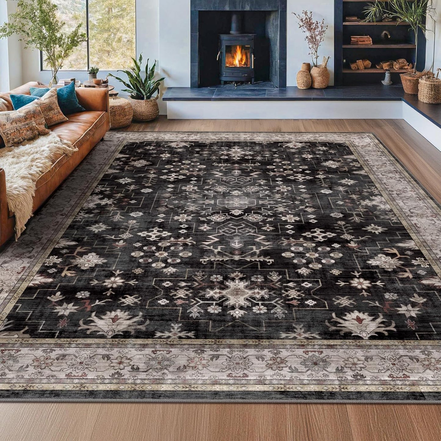 Boho Black Rug for Living Room - Washable 10x12 Area Rug, Dining Room Rugs for Under Table, Soft Low Pile Carpet for Bedroom - Farmhouse Decor, Non-Slip & Stain Resistance