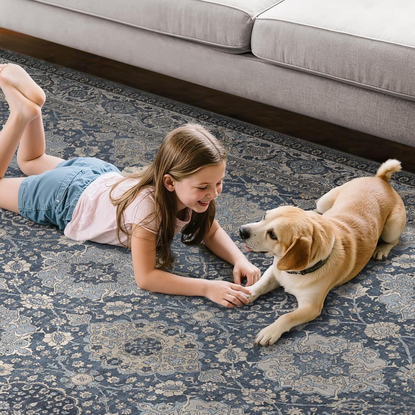 8X10 Area Rugs Machine Washable Rugs for Living Room, Vintage Boho Large Rugs for Bedroom Dining Room, Non Slip Indoor Soft Distressed Lightweight Thin Low Pile Carpet, Slate Blue