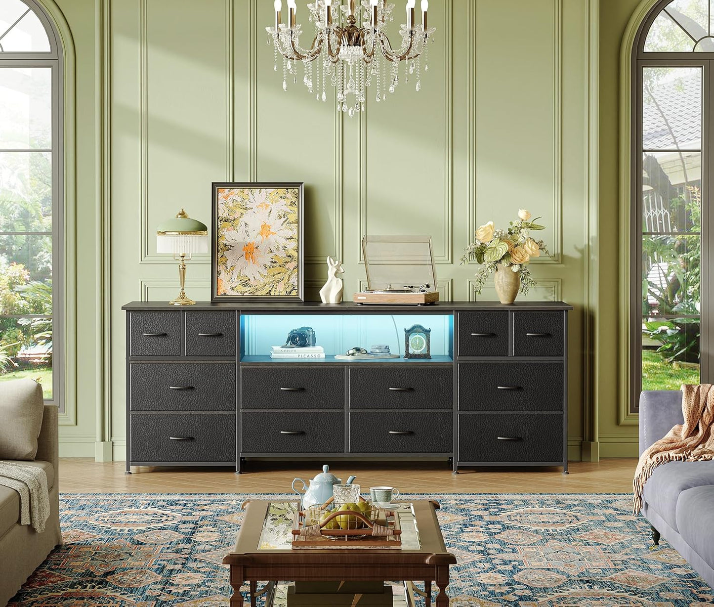 Huuger 63 Inch Dresser TV Stand with LED Lights, Power Outlets and USB-C Port, 12 Fabric Drawer Dresser for Bedroom, Wide Entertainment Center for 65, 70 Inch TV, Open Shelf, Black