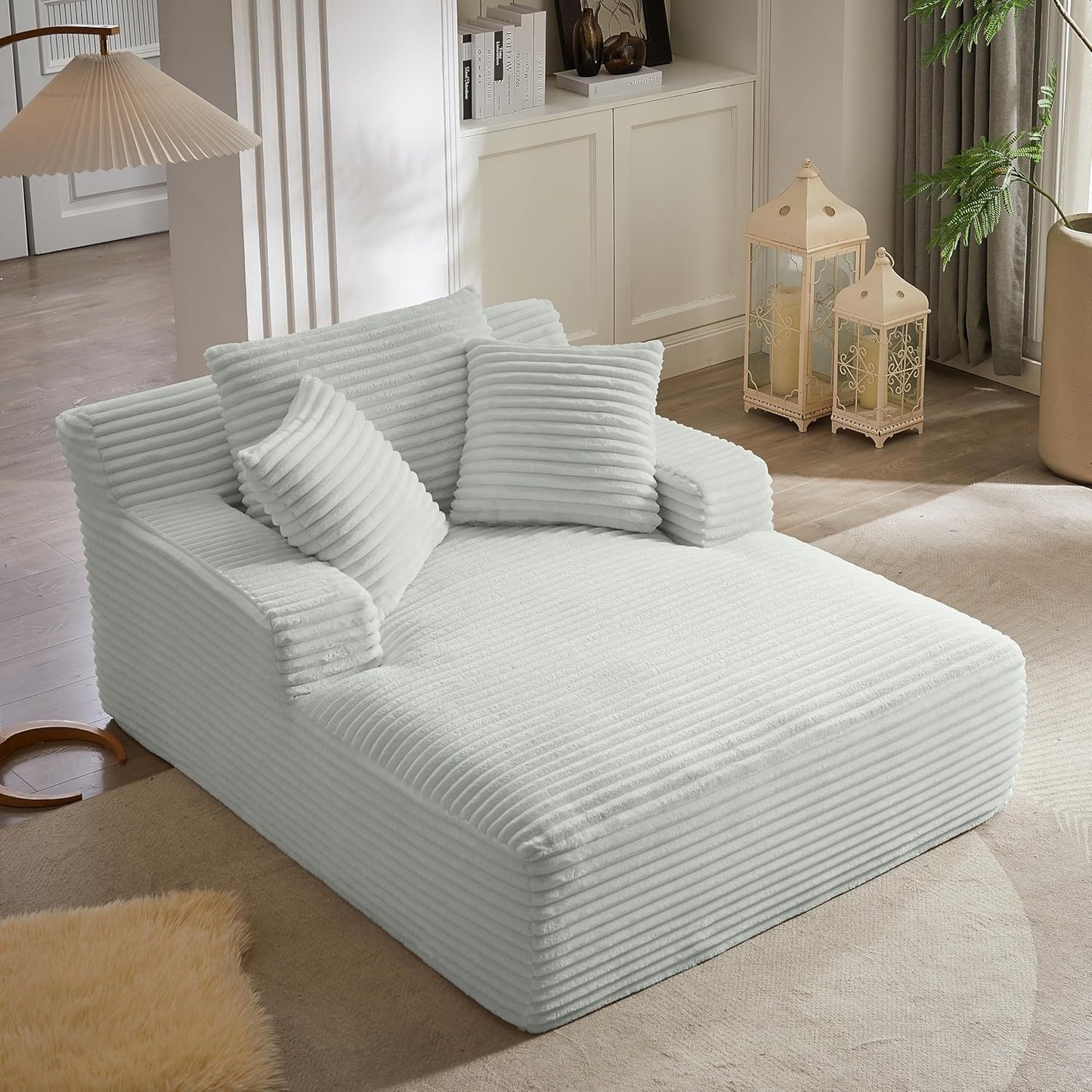 Oversized Chaise Daybed Lounge Sleeper Chair Sofa Full Foam Cloud Chaise Sofabed for Living Room,Luxury Plush Corduroy Upholstered Sleeper Couch Extra Wide Chair Bed W/3 Pillows for Home/Apartment