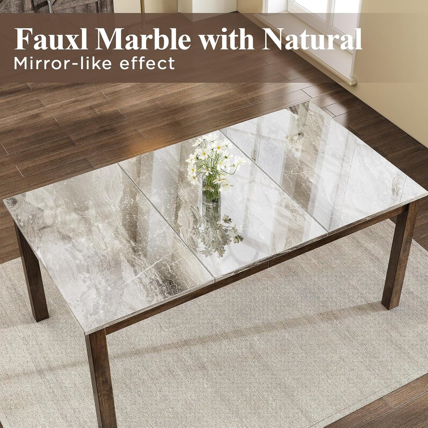 7-Piece Dining Table Set, 71" Faux Marble Kitchen Table with 6 Chairs, Solid Wood Curved Backrests & PU Cushioned Seats, Kitchen Table Chairs Set for Living Room, Dining Room