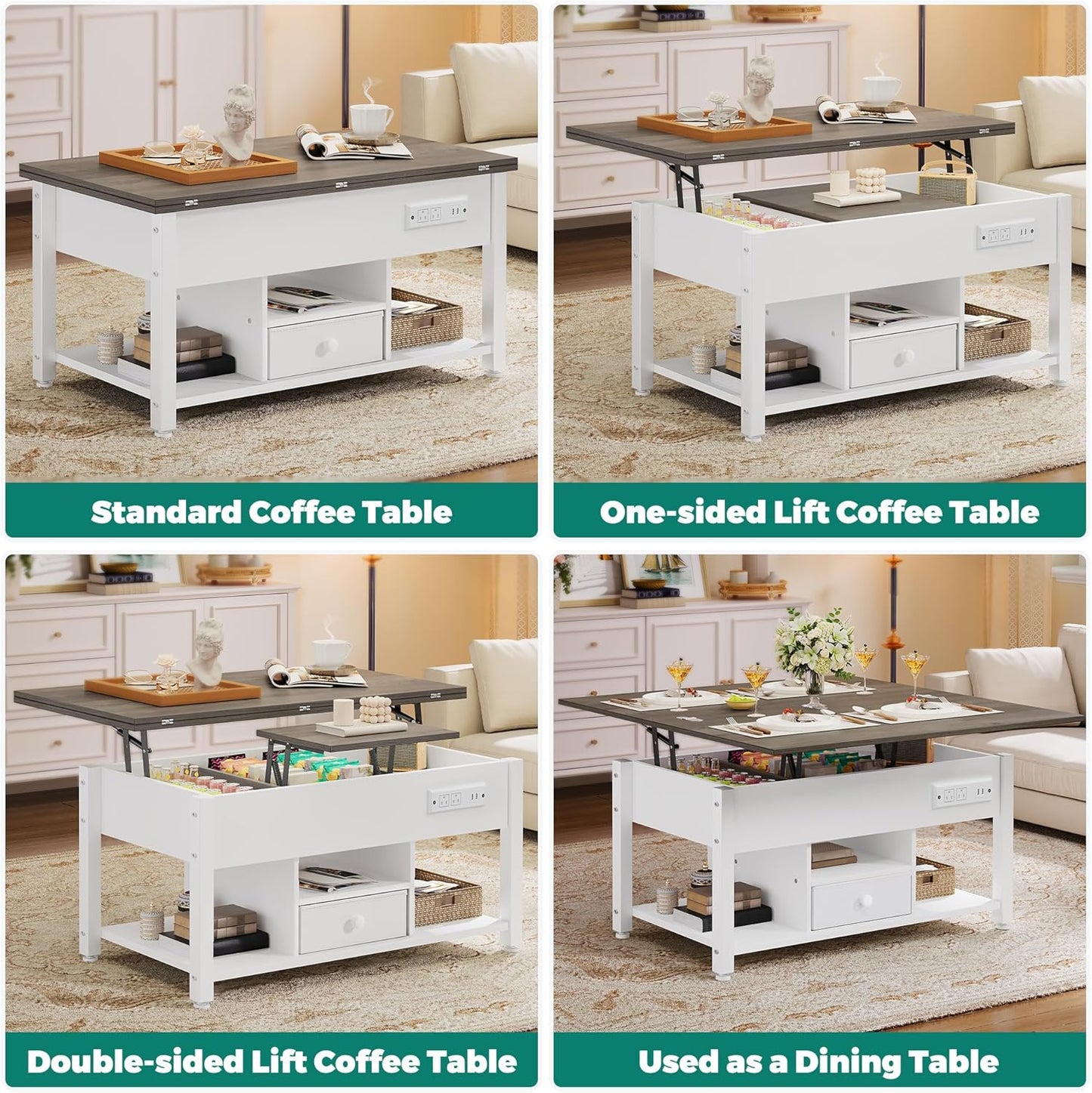 YITAHOME 4-in-1 Lift Top Coffee Table with RGB Light & Dual Tops, Multi-Function Table with Power Outlets, Storage, Converts to Dining Table Computer Desk Gaming Hub, Living Room, Home Office, White