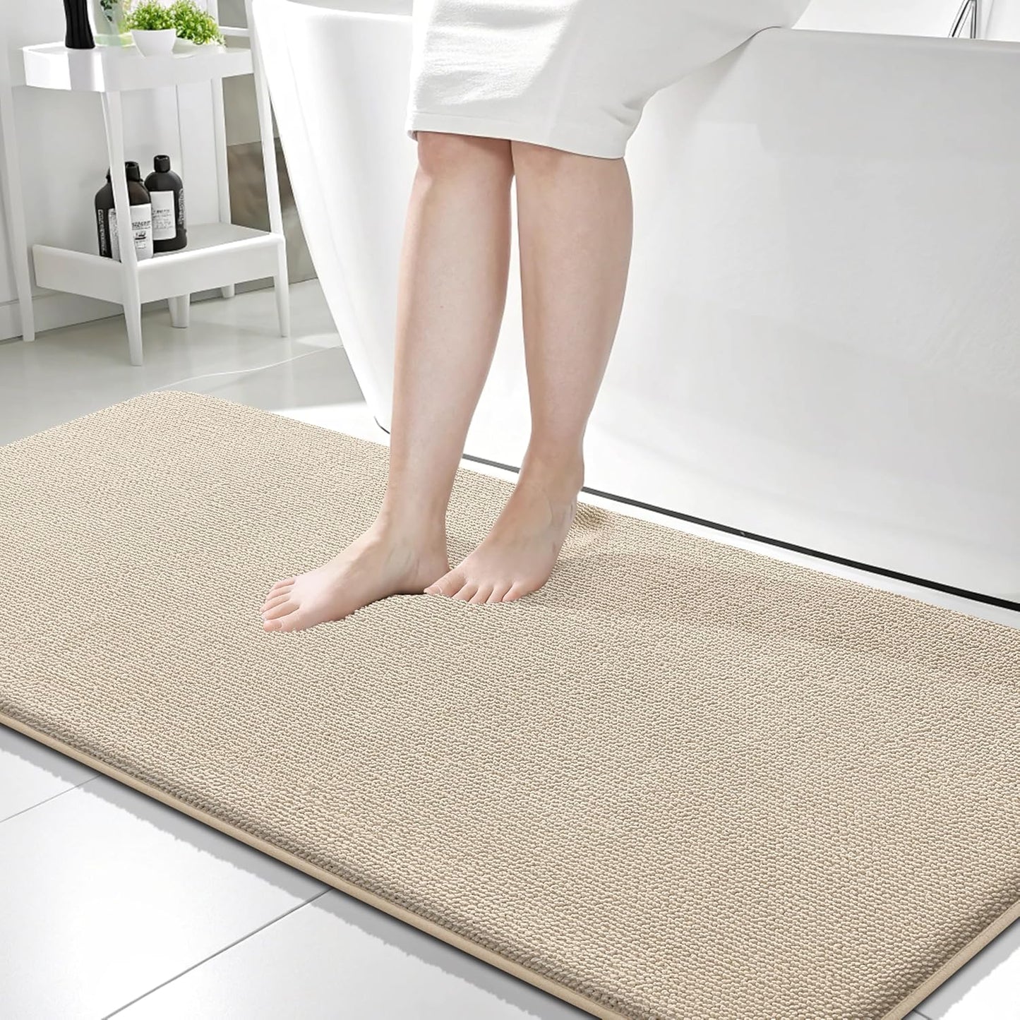 OLANLY Thick Memory Foam Bath Mat Rug 59x24, Extra Soft Absorbent Bathroom Rug, Quick Dry Bath Mats, Non-Slip, Machine Washable Carpet for Bathroom, Tub and Shower, Home Decor Accessories, Beige