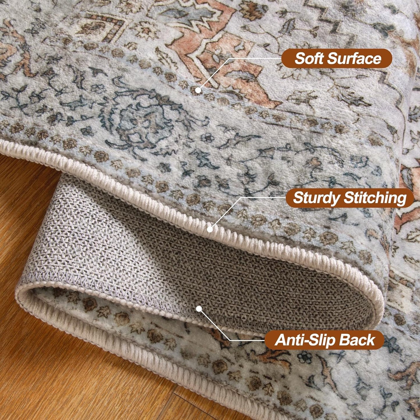 Tangsoo Vintage Round Rug 6ft,Washable Circle Rug, Non Slip Boho Round Area Rug,Low Pile Circular Rugs,Large Round Rugs Carpet for Livingroom,Bedroom,Nursery,Dorm,Office,Taupe