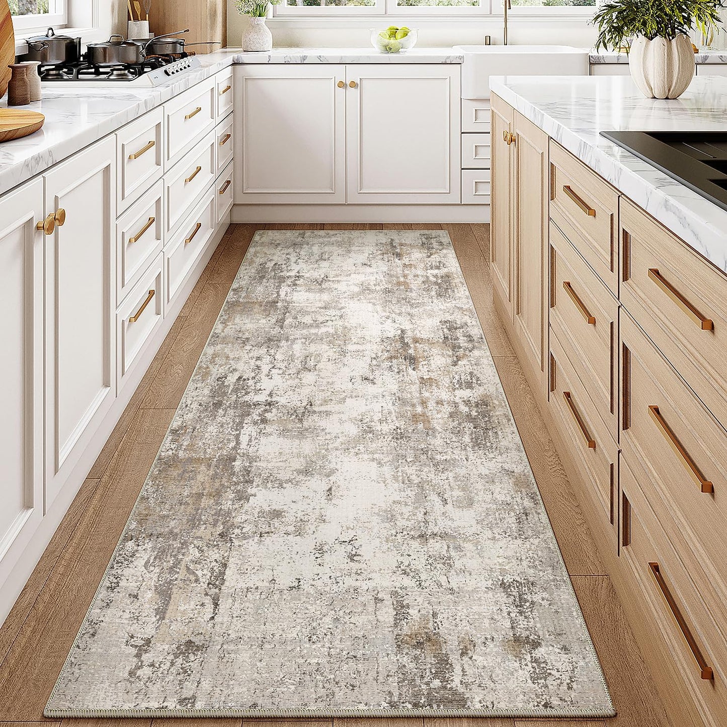 2x6 Washable Runner Rug Brown Grey Neutral Abstract Hallway Kitchen Living Room Bedroom Non Slip Throw Rug Soft Low Pile Indoor Carpet for Entrance Laundry Bathroom