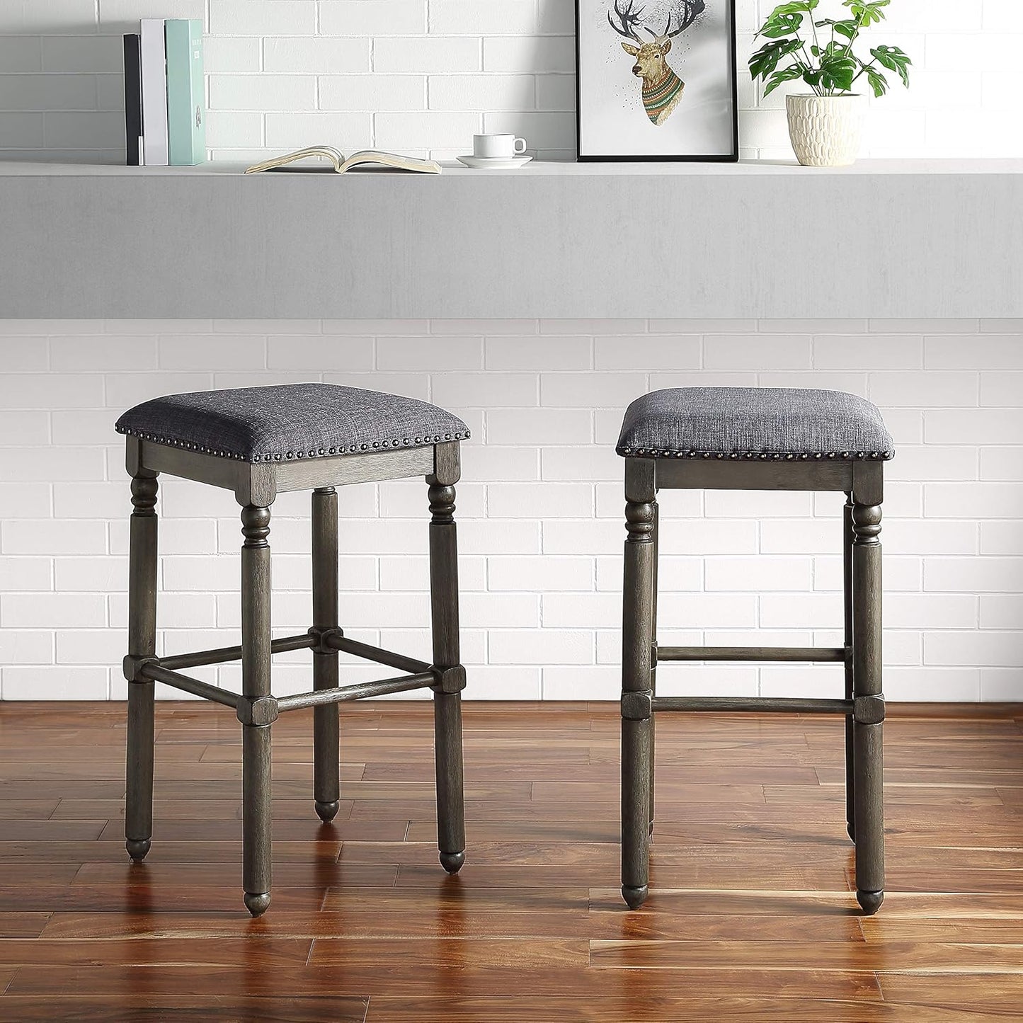 Roundhill Furniture Arnhem Wood Upholstered Bar Stools, Set of 2, Gray