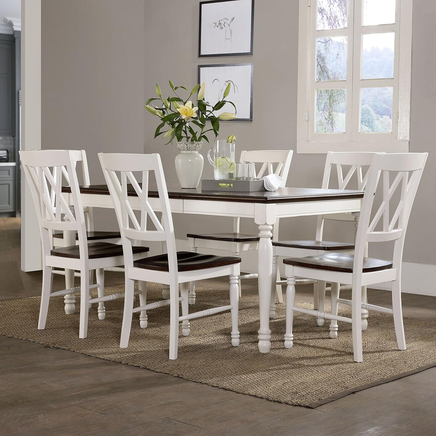 Crosley Furniture Shelby 7-Piece Traditional Dining Table Set for 6, Dinner Tables with Kitchen Chairs, Distressed White
