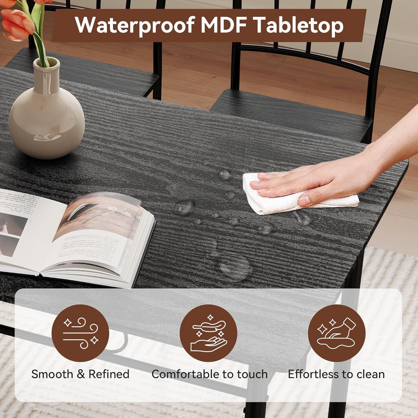 Vipbear Kitchen Dining Table Set for 4, 5-Piece Kitchen Table Set,Dining Room Table Sets,Rectangular Kitchen Table Set with 4 Chairs for Small Space, Dinette,Apartment,Rustic Black