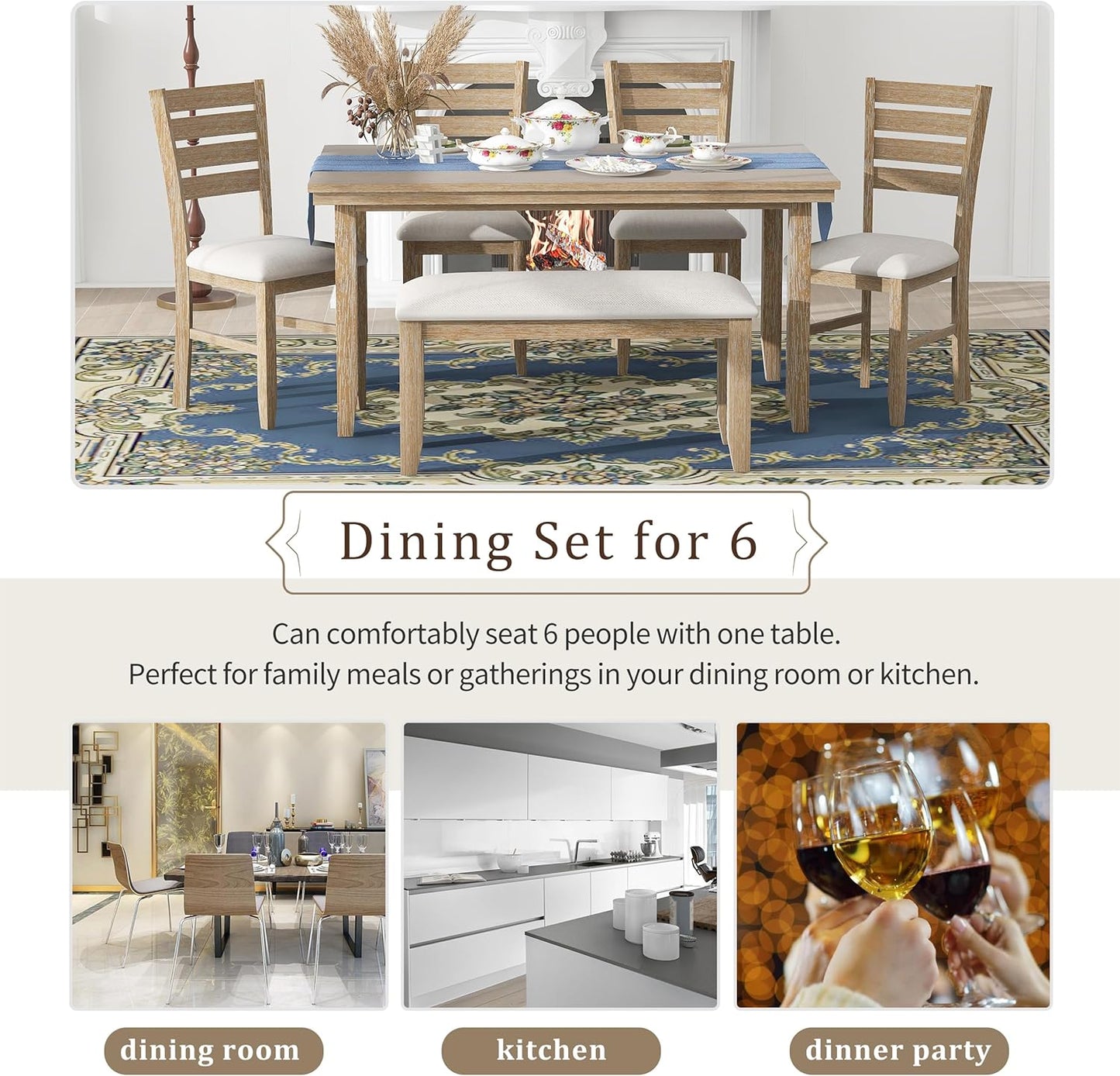 SogesPower 6-Piece Rustic Dining Table Set for 4-6,Rectangular Farmhouse Kitchen Table Set with 4 Chairs & 1 Bench for Dining Room Living Room,Natural Wood