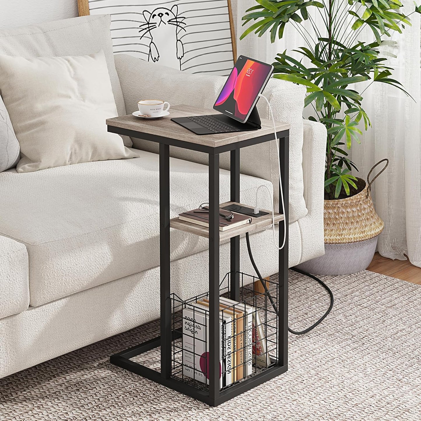 Vagusicc C Shaped End Table with Charging Station, Side Table for Couch, Small Side End Table for Small Spaces, 28" High Slide Under Sofa Table for Coffee, Tv Tray Table for Living Room, Greige