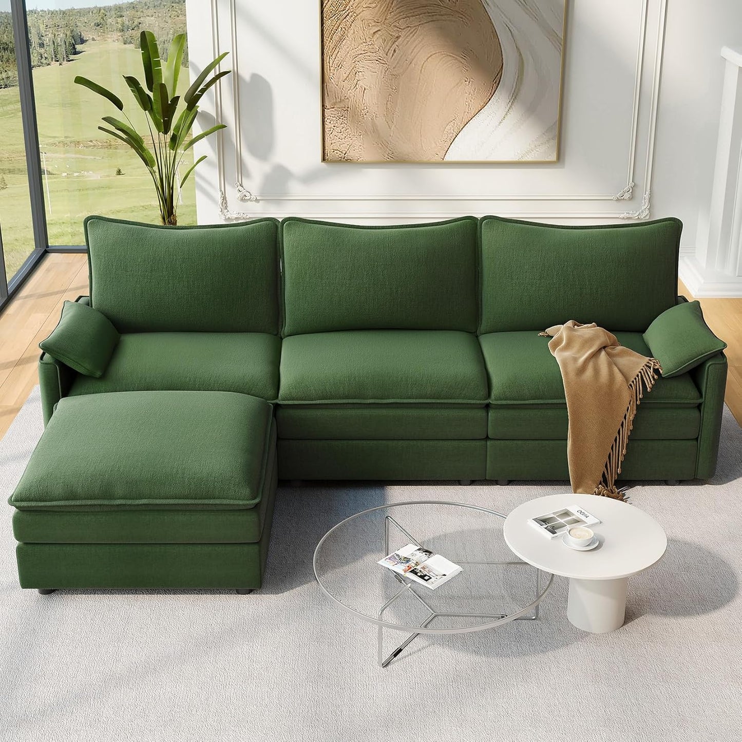 Vesgantti 108" Modular Sectional Sofa, Comfy Cloud Couch with Movable Ottoman Deep Seat Chenille L Shaped Modular Sofa, Sectional Couches for Living Room, Bedroom and Apartment, Green