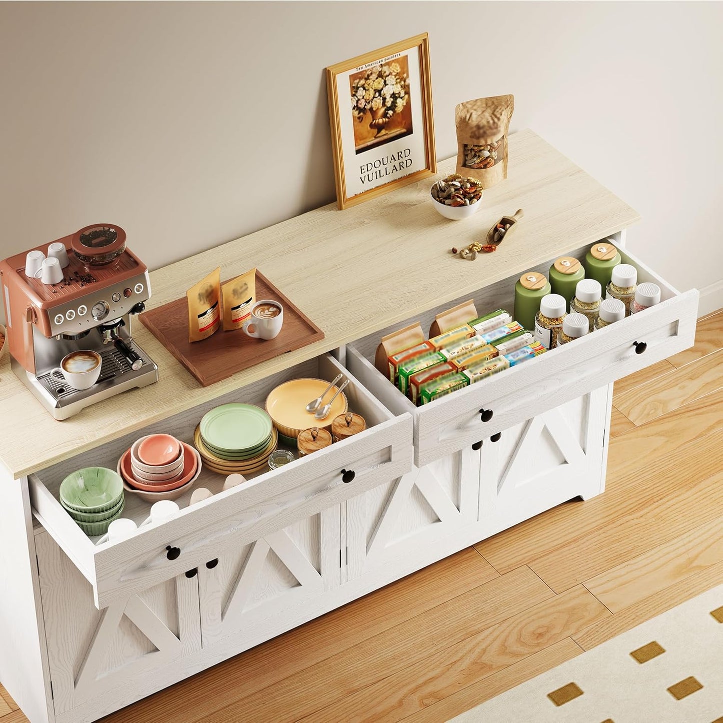 IRONCK Buffet Cabinet with Storage, Sideboard Storage Cabinet, Kitchen Cabinet with Drawers and Doors, Natural Wood