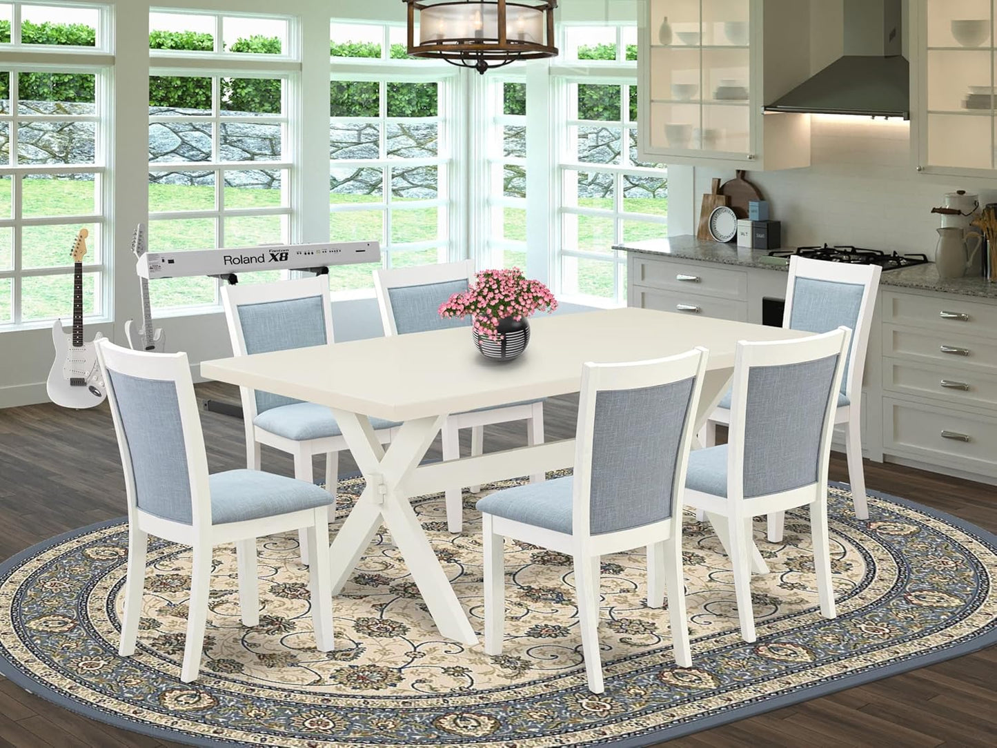 East West Furniture X027MZ015-7 7 Piece Dining Set Consist of a Rectangle Dining Room Table with X-Legs and 6 Baby Blue Linen Fabric Upholstered Parson Chairs, 40x72 Inch, Multi-Color