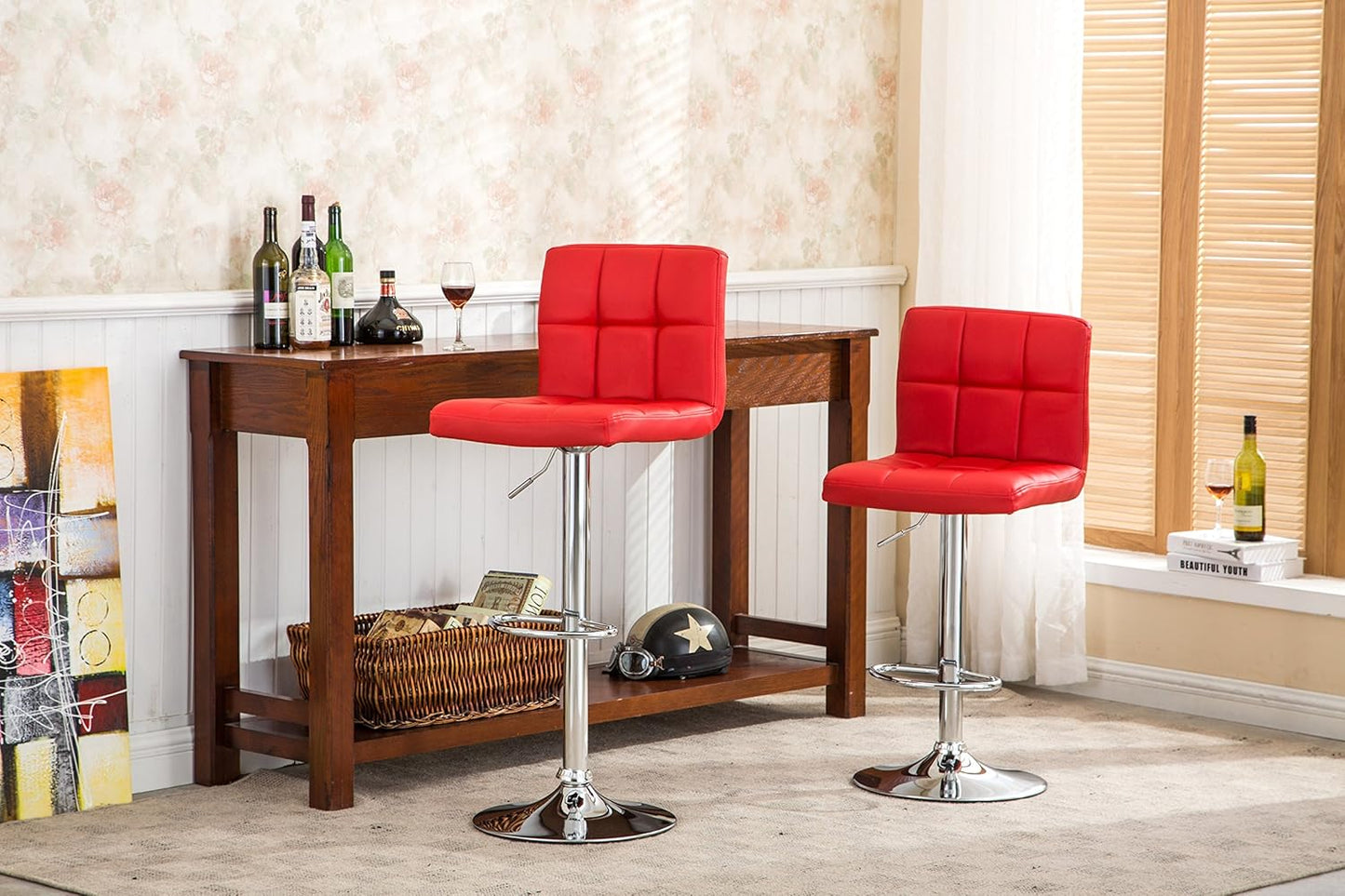 Roundhill Furniture Swivel Red Bonded Leather Adjustable Hydraulic Bar Stool, Set of 2