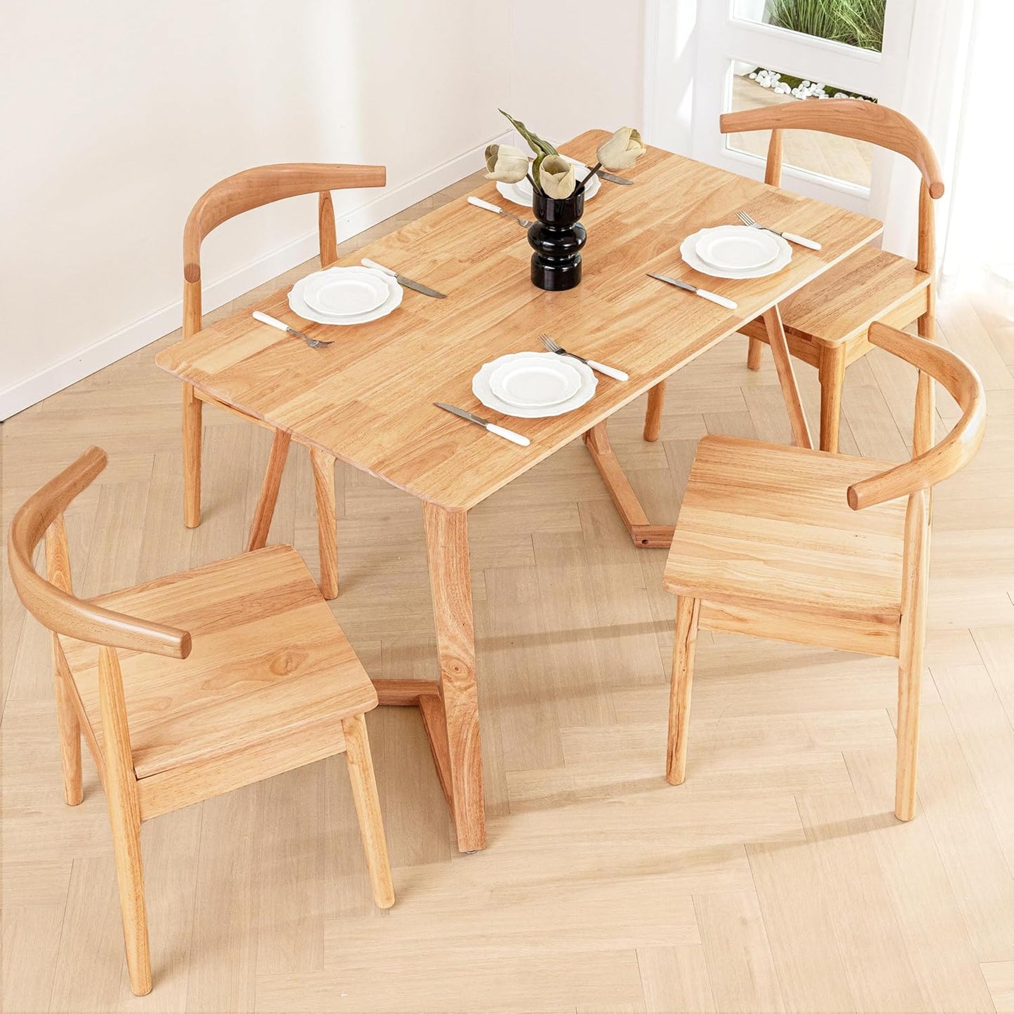 DELAVIN Solid Wood Dining Chairs Set of 4, Farmhouse Dining Room Chairs with Curved Backrest, Mid Century Modern Dining Chair for Living Room, Kitchen, Bedroom, Oak