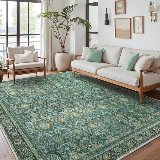 8X10 Area Rugs Machine Washable Rugs for Living Room, Vintage Boho Large Rugs for Bedroom Dining Room, Non Slip Indoor Soft Distressed Lightweight Thin Low Pile Carpet, Turquoise