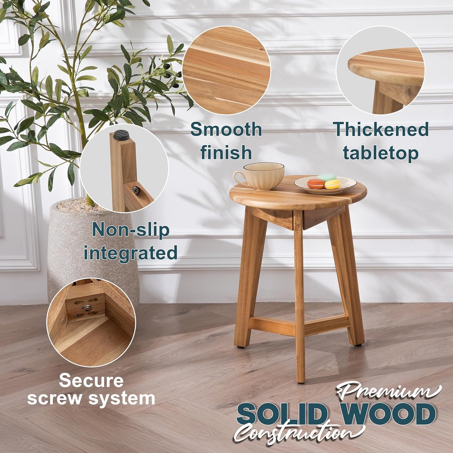 Round Side Table – Acacia Wood End Table for Living Room or Bedroom – Light Natural Wood Finish, Compact Nightstand or Accent Table for Sofas & Beds (13x16 x13 Inches)