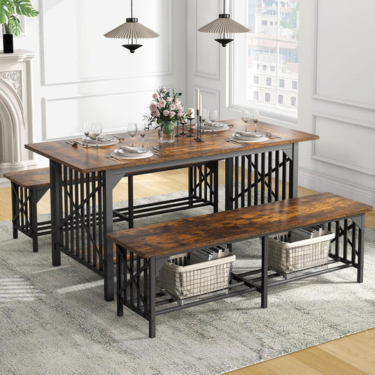 DWVO 3-Piece Dining Table Set for 4-6 People, 63" Dining Room Table with 2 Benches, Industrial Rectangular Dining Room Table Set with Storage for Kitchen, Dining Room, Rustic Brown