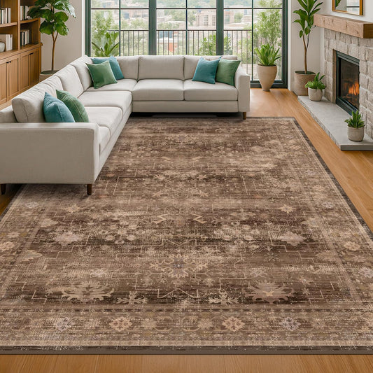 Brown Rug for Living Room 10x12 - Large Vintage Western Eclectic Unique Neutral Taupe, Washable Low Pile Non-Slip Area Rug for Dining Under Table, Bedroom Under Bed, Home Office