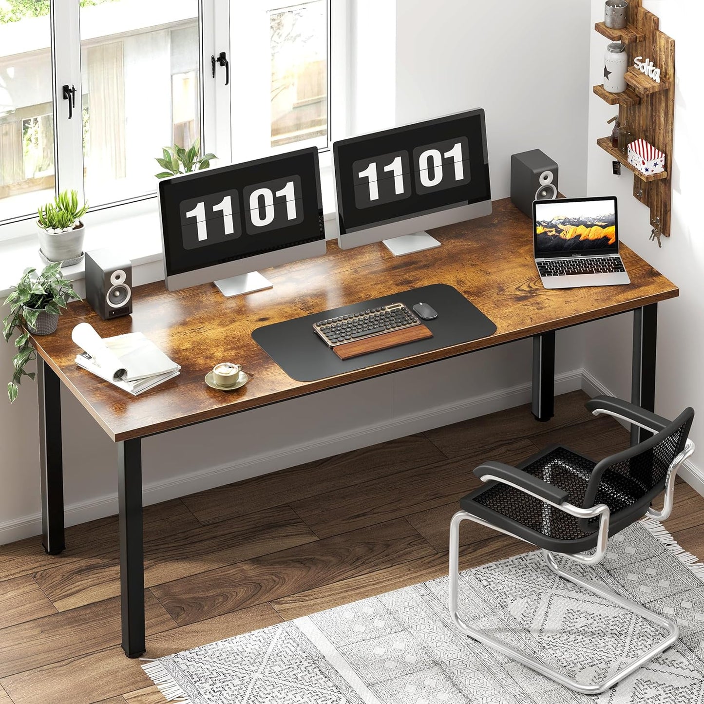 Need 63 Inch Large Computer Desk - Modern Simple Style Home Office Gaming Desk, Basic Writing Table for Study Student, Black Metal Frame, Rustic Brown