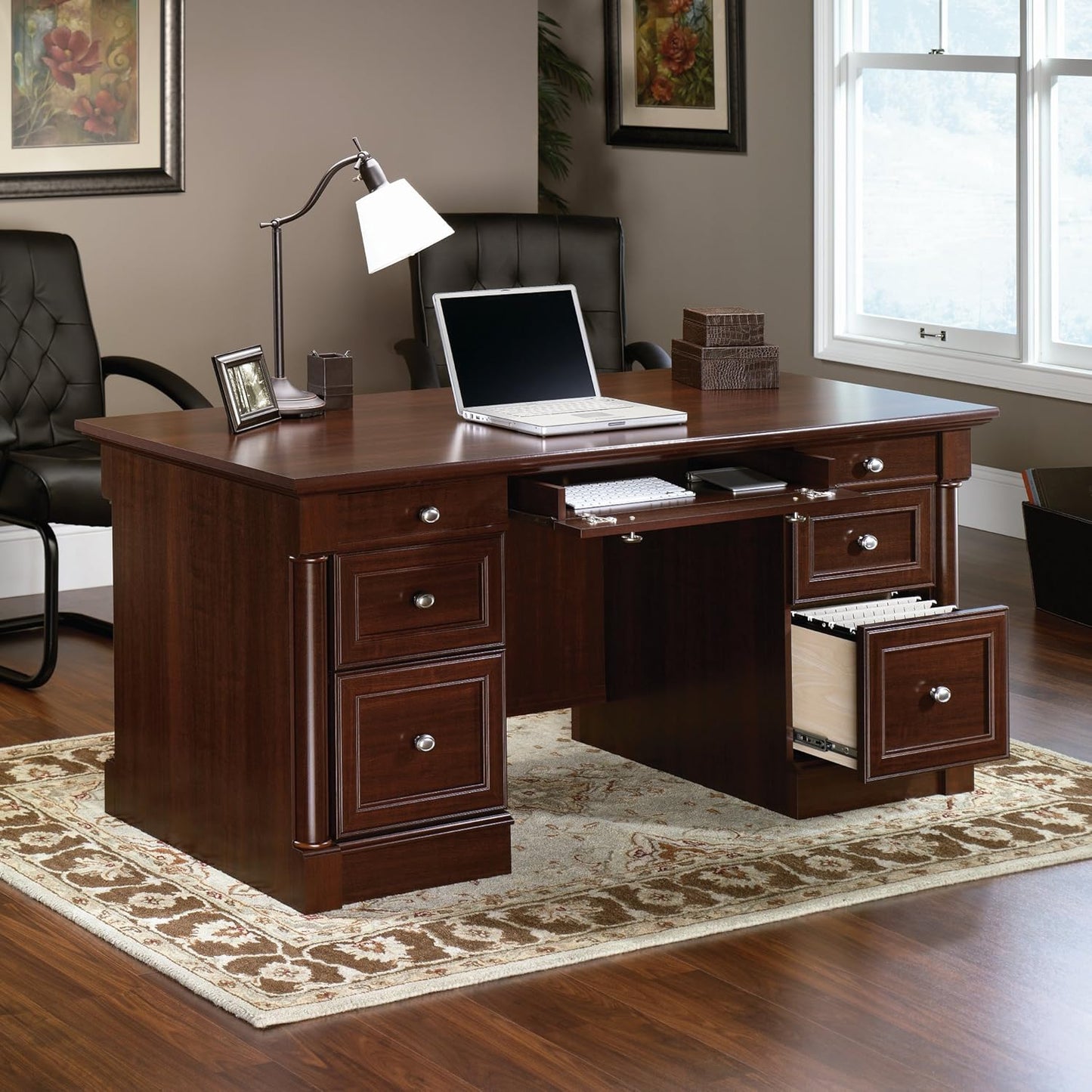 Sauder Palladia Executive Desk, L: 65.12" x W: 29.53" x H: 29.61", Select Cherry
