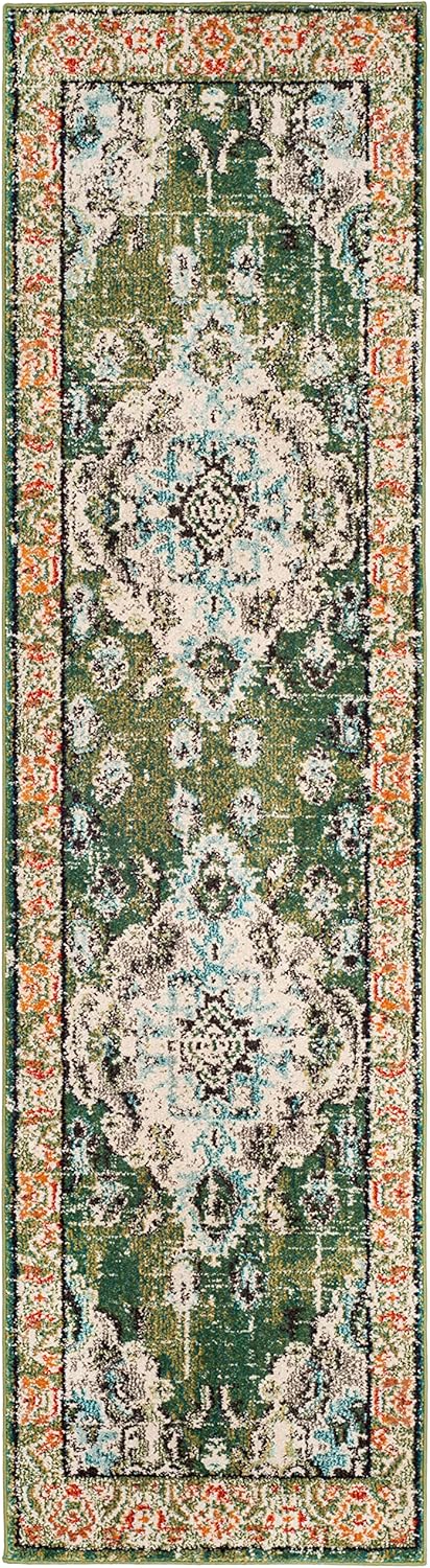 SAFAVIEH Monaco Collection Runner Rug - 2'2" x 20', Forest Green & Light Blue, Medallion Distressed Design, Non-Shedding & Easy Care, Ideal for High Traffic Areas in Living Room, Bedroom (MNC243F)