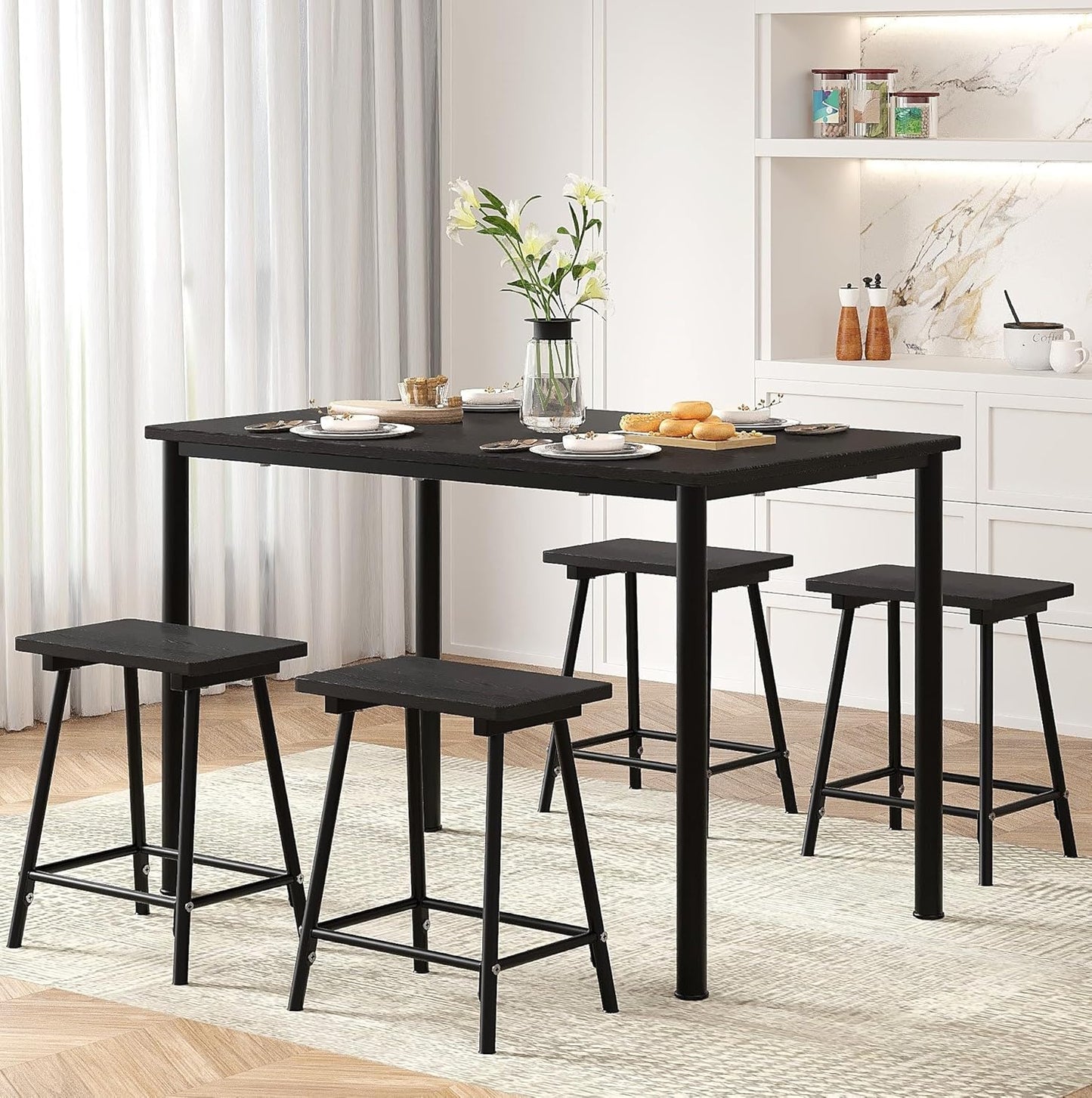 VECELO Kitchen Table and Chairs for 4, Dining Room Set with Chairs/Stools, Heavy-Duty Metal Frame with Wooden Tabletop for Small Spaces, Easy Assembly, Elegant Black