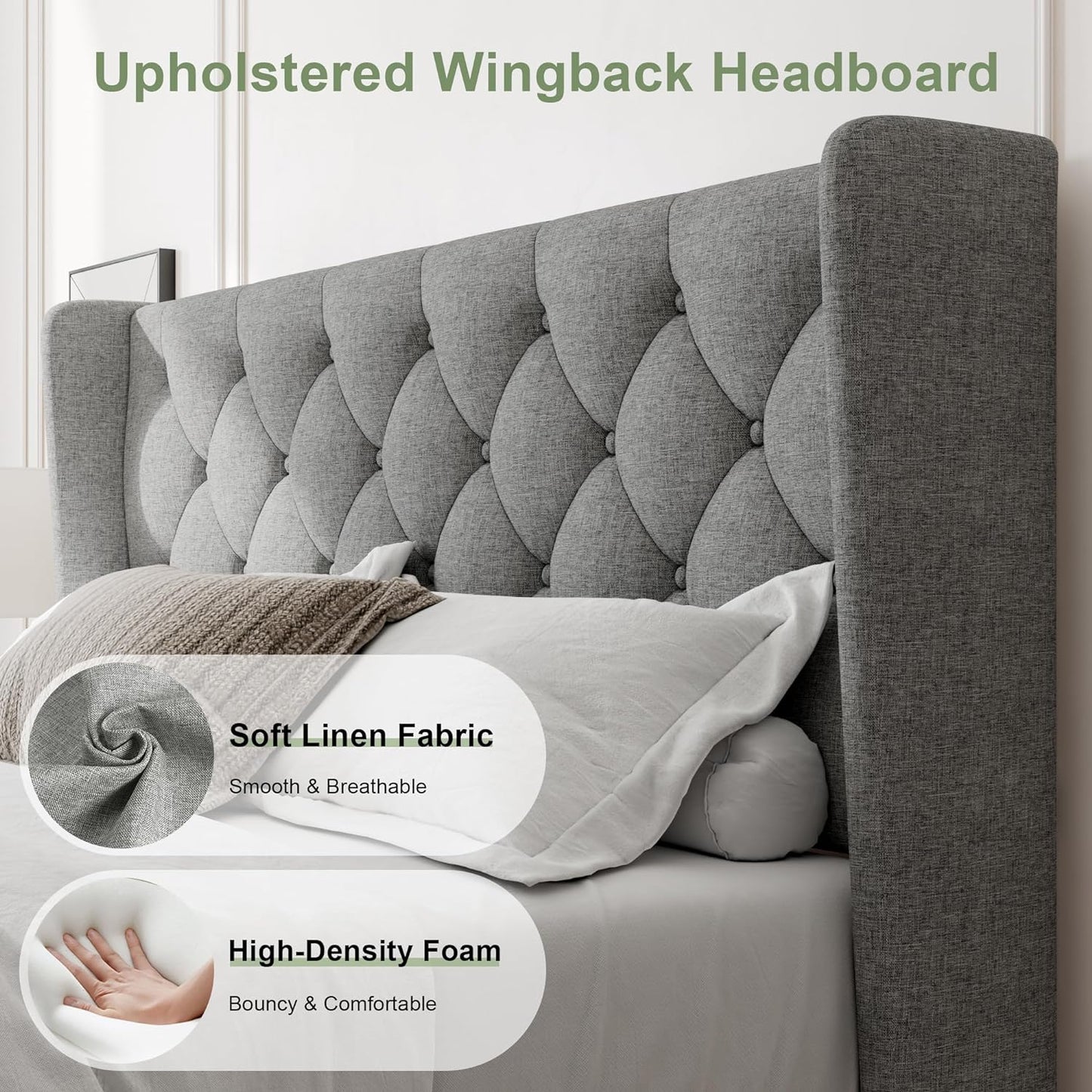 Feonase Queen Bed Frame with Upholstered Wingback Headboard, Platform Bed and Heavy Duty Wooden Slats Support, Easy Assembly, Noise-Free, No Box Spring Needed, Light Gray