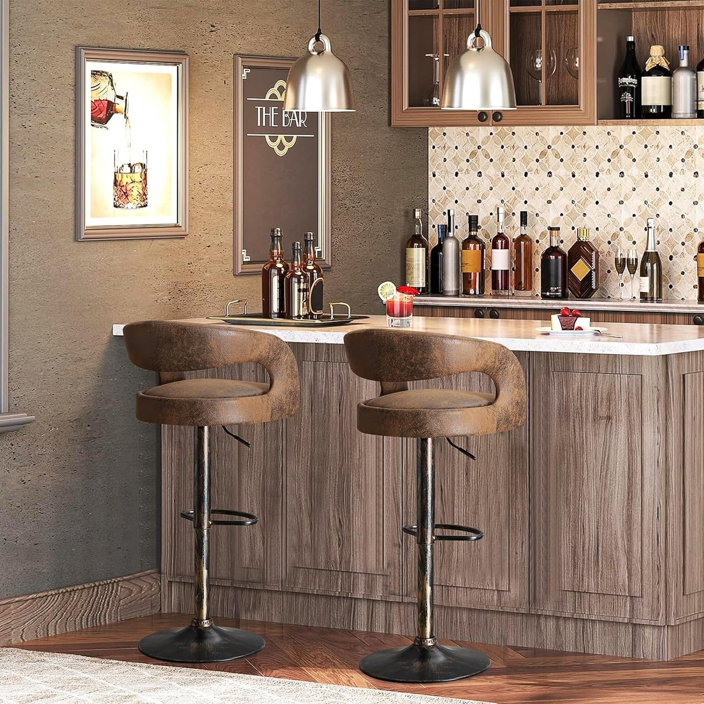 VECELO Bar Stools Set of 2 Adjustable Swivel Modern Pu Leather Barstools, Counter Bar Stools with Back and Arms, for Kitchen, Bar (Dark Brown)
