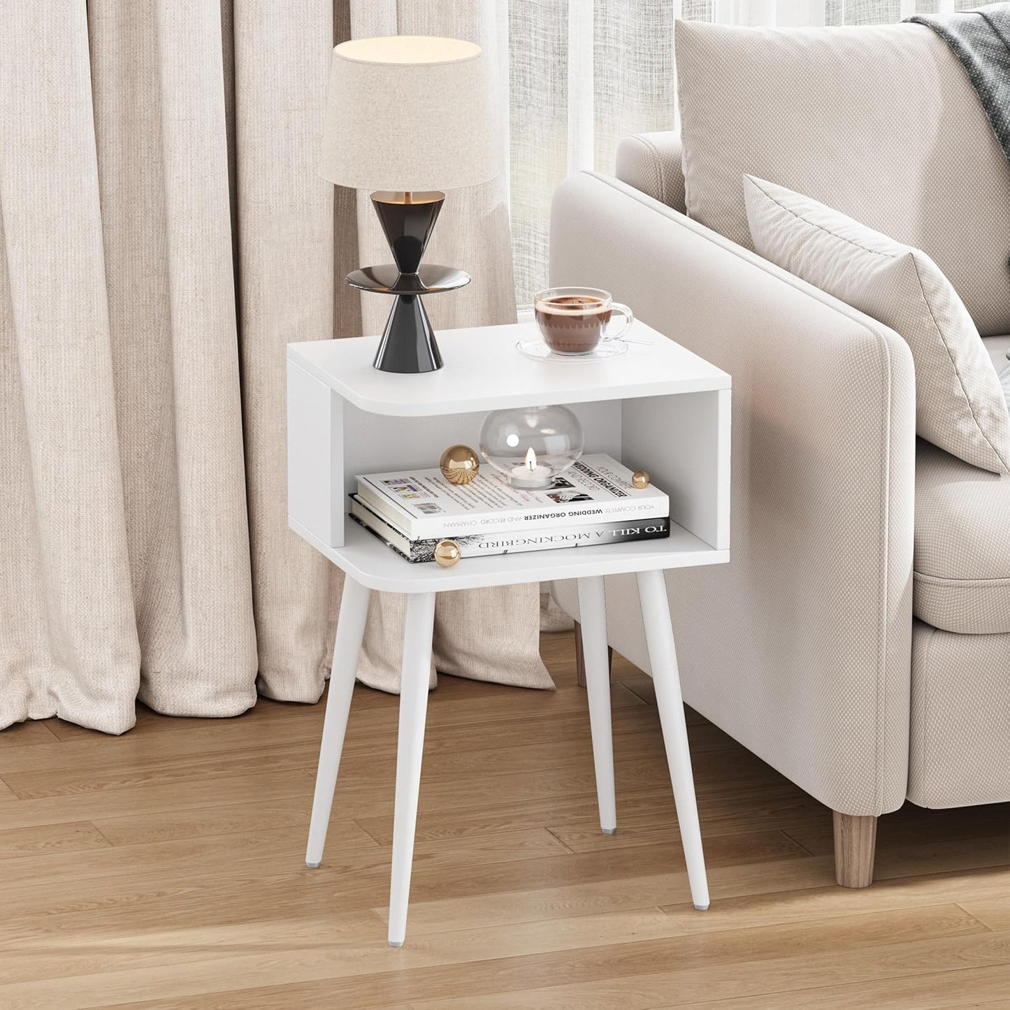 White Nightstand Set of 2, Small Bed Side Table for Small Spaces, Mid Century Modern Nightstand End Table with Open Storage, Side Table for Bedroom Living Room, MLBZ20W-2