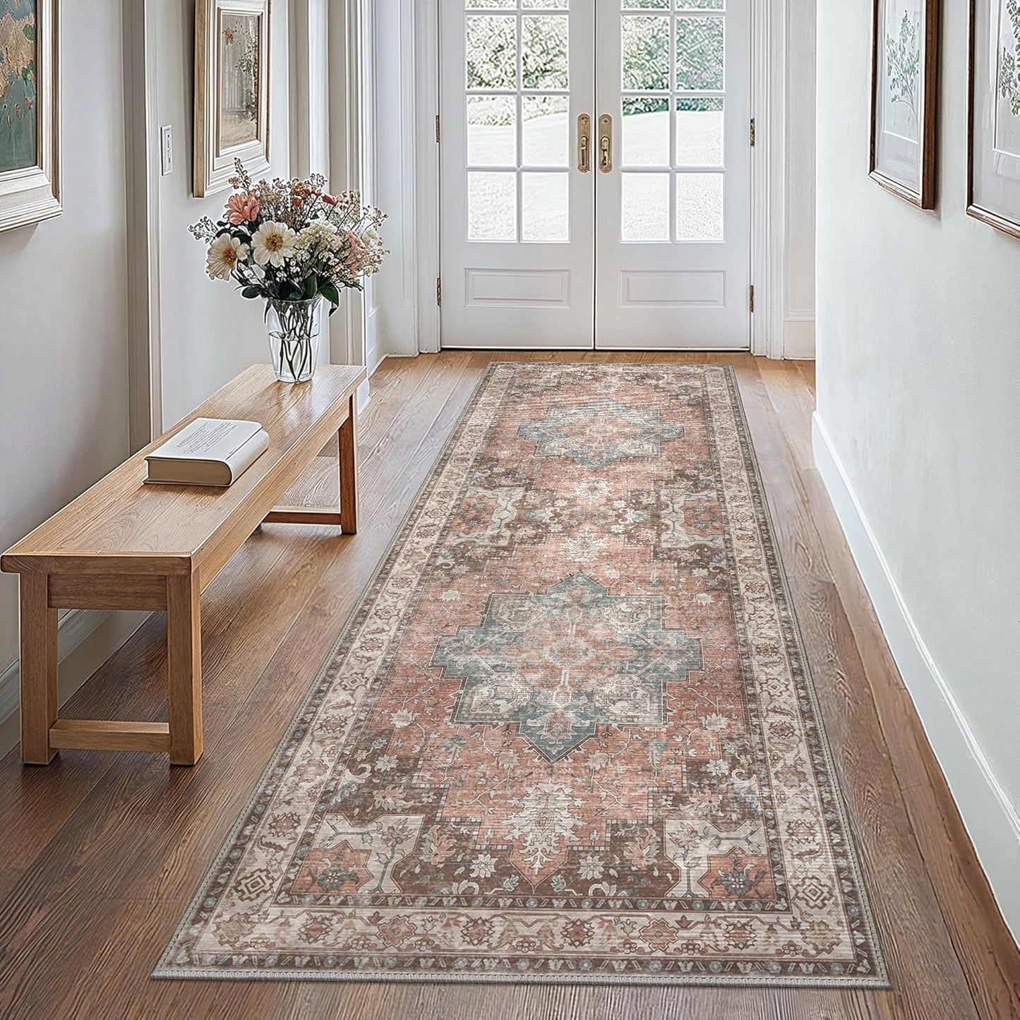 GENIMO 2x10 Runner Rugs for Hallway, Machine Washable Non Slip Vintage Rugs, Low Pile Lightweight Soft Print Rug for enrtyway, Corridor, Home Office, Kitchen, Dew Pink