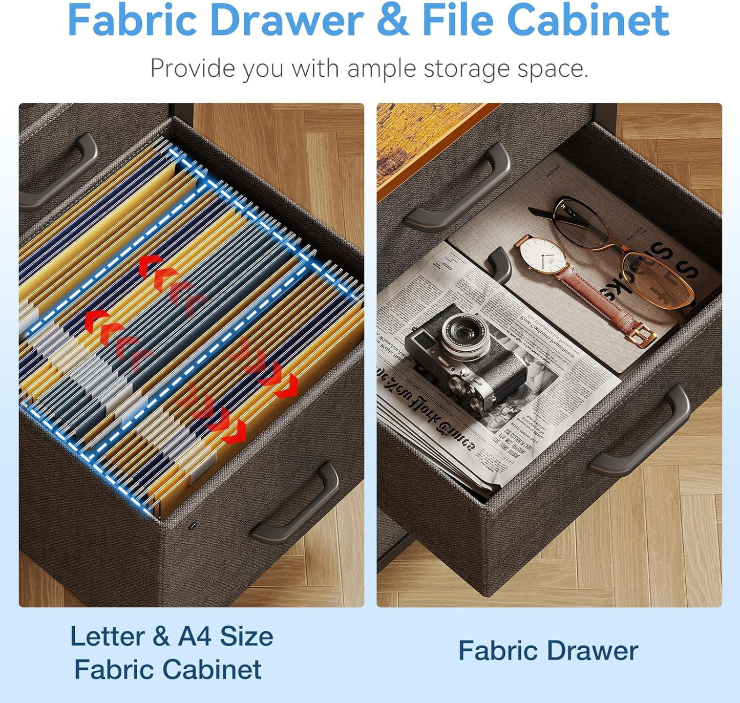 Casaottima 48" Small Computer Home Office Desk for Bedroom with Fabric Drawers & File Cabinet, Cloth Storage Bag and Hook, Writing Study Work Table for Small Space, Vintage