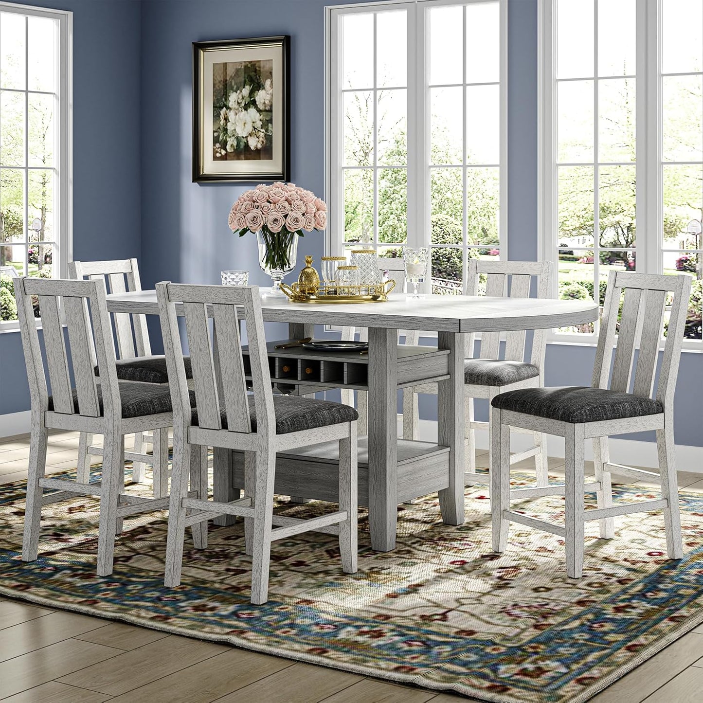 Solid Wood Dining Table Set for 6, Modern Breakfast Dinette Expandable Drop Leaf Kitchen Table with Chairs for Dining Room, Kitchen, Grey