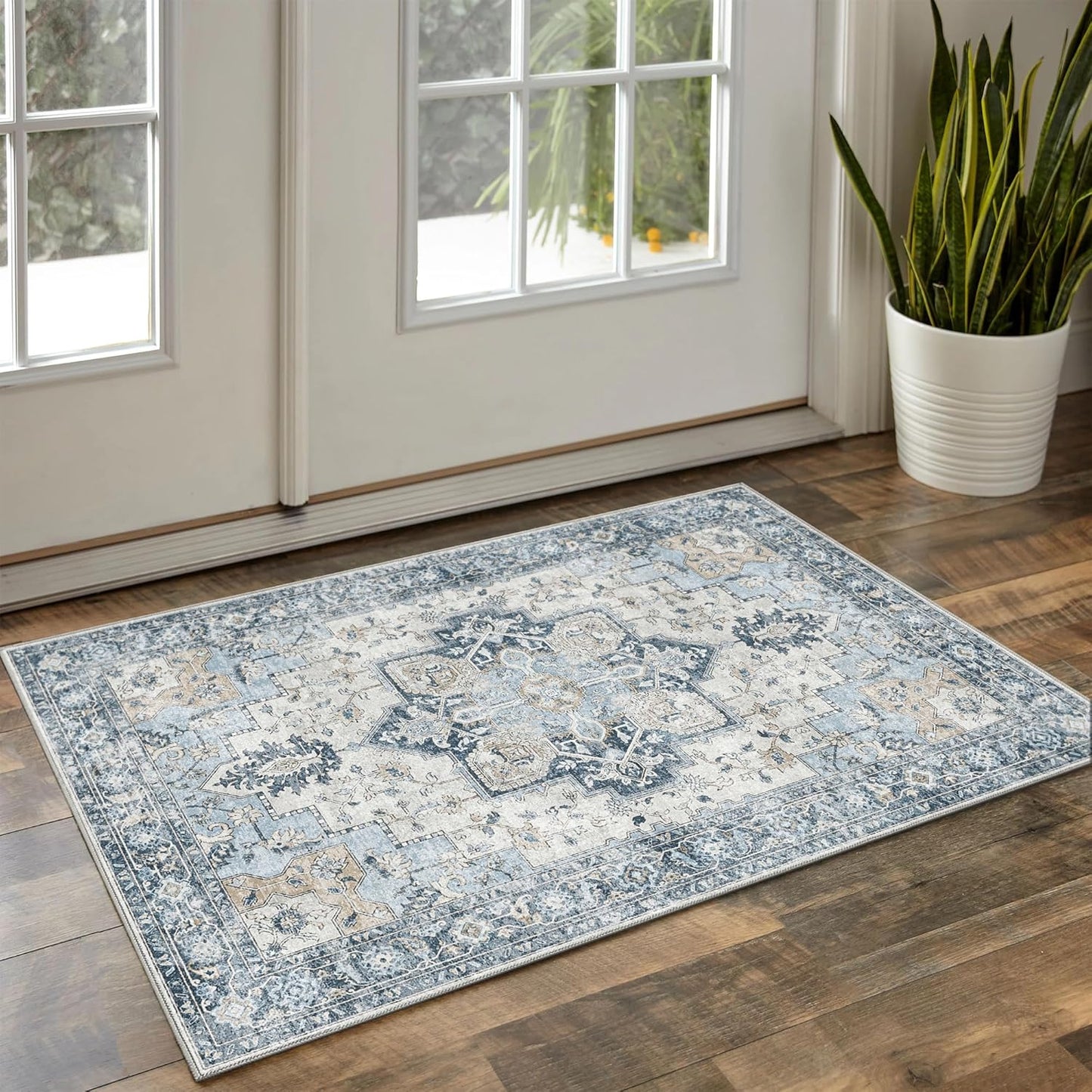 GENIMO Area Rug 2x3 Doormat, Machine Washable Low Pile Vintage Rugs, Small Lightweight Rug Entryway Indoor Mat for Entrance, Hallway, Kitchen and Corridor, Blue