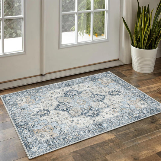 GENIMO Area Rug 2x3 Doormat, Machine Washable Low Pile Vintage Rugs, Small Lightweight Rug Entryway Indoor Mat for Entrance, Hallway, Kitchen and Corridor, Blue