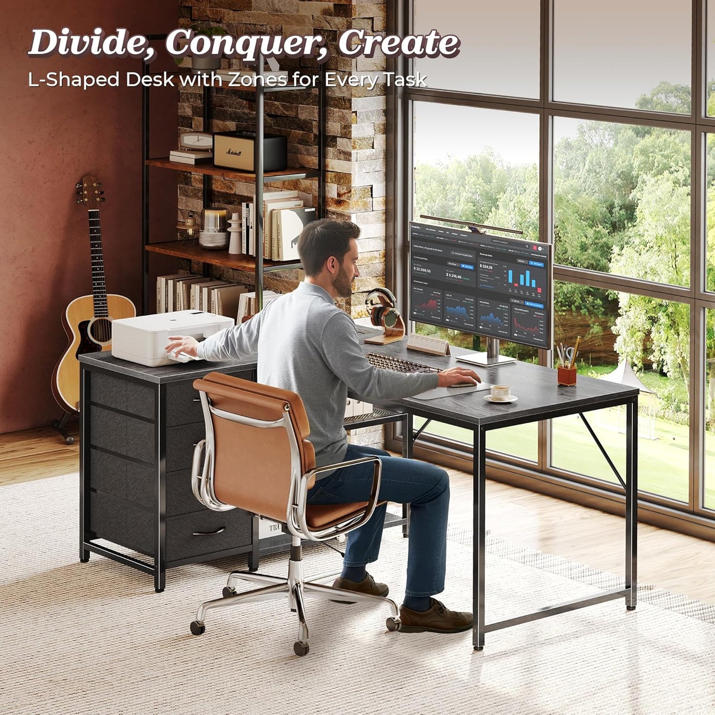 PRAISUN 43.3" Small Computer Desk with Power Outlets and USB-C Port, Reversible L Shaped Corner Office Desk with 4 Fabric Drawers and 2 Height-Adjustable Shelves, for Gaming Writing, Grey