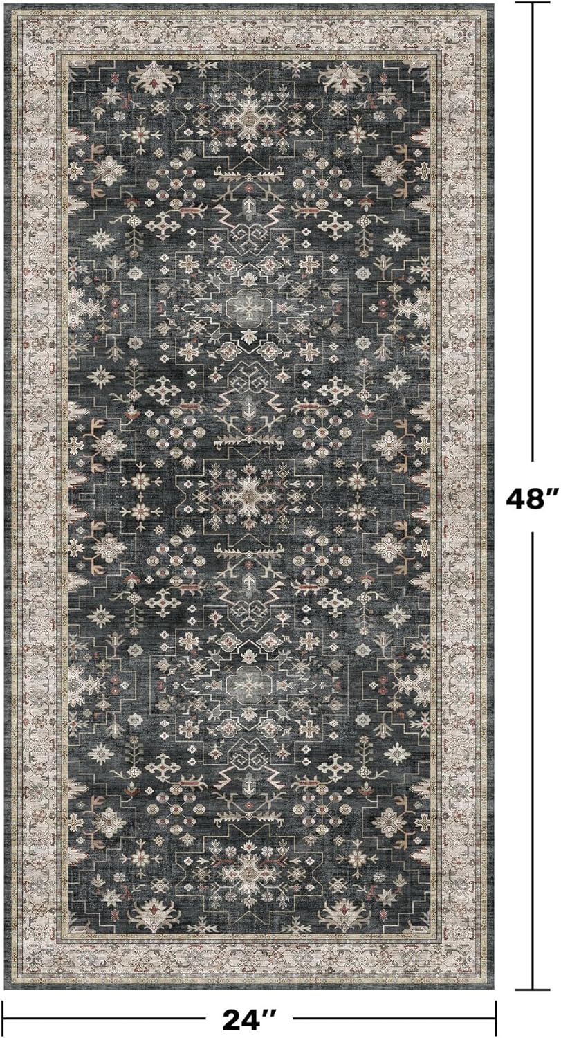 Black 2x4 Entryway Runner Rugs, Small Runners for Kitchen, Door Mat Indoor Entrance, Bathroom, Non-Slip Low-Pile Washable Stain Resistant, Vintage Ashen Charcoal Floral Decor