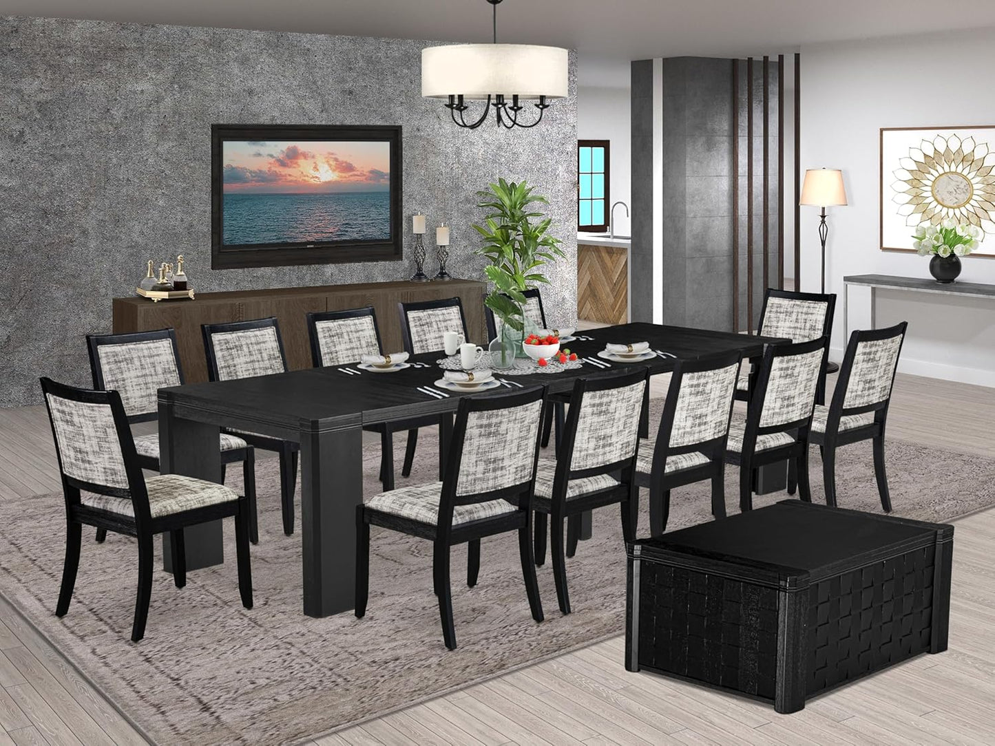 X12X2-0C6-30 14-pc Dining Table Set a Rectangular Kitchen Table with a coffee Table and 12 Wire Brushed Black Polyester Stackable Chair, 39x120 Inch, Wire Brushed Black
